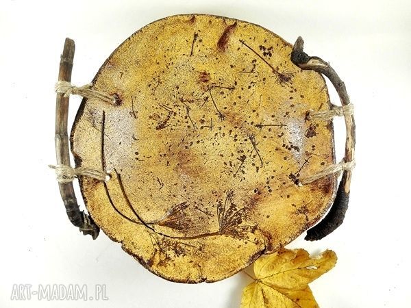 Misa ceramiczna z uchwytami z naturalnego drzewa - beż i brąz