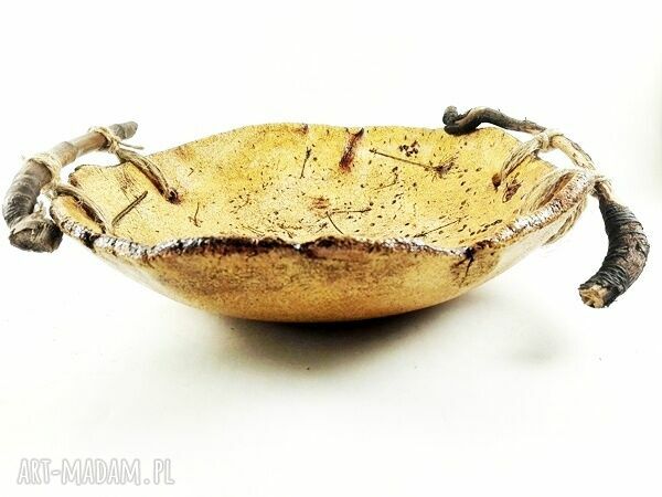 Misa ceramiczna z uchwytami z naturalnego drzewa - beż i brąz