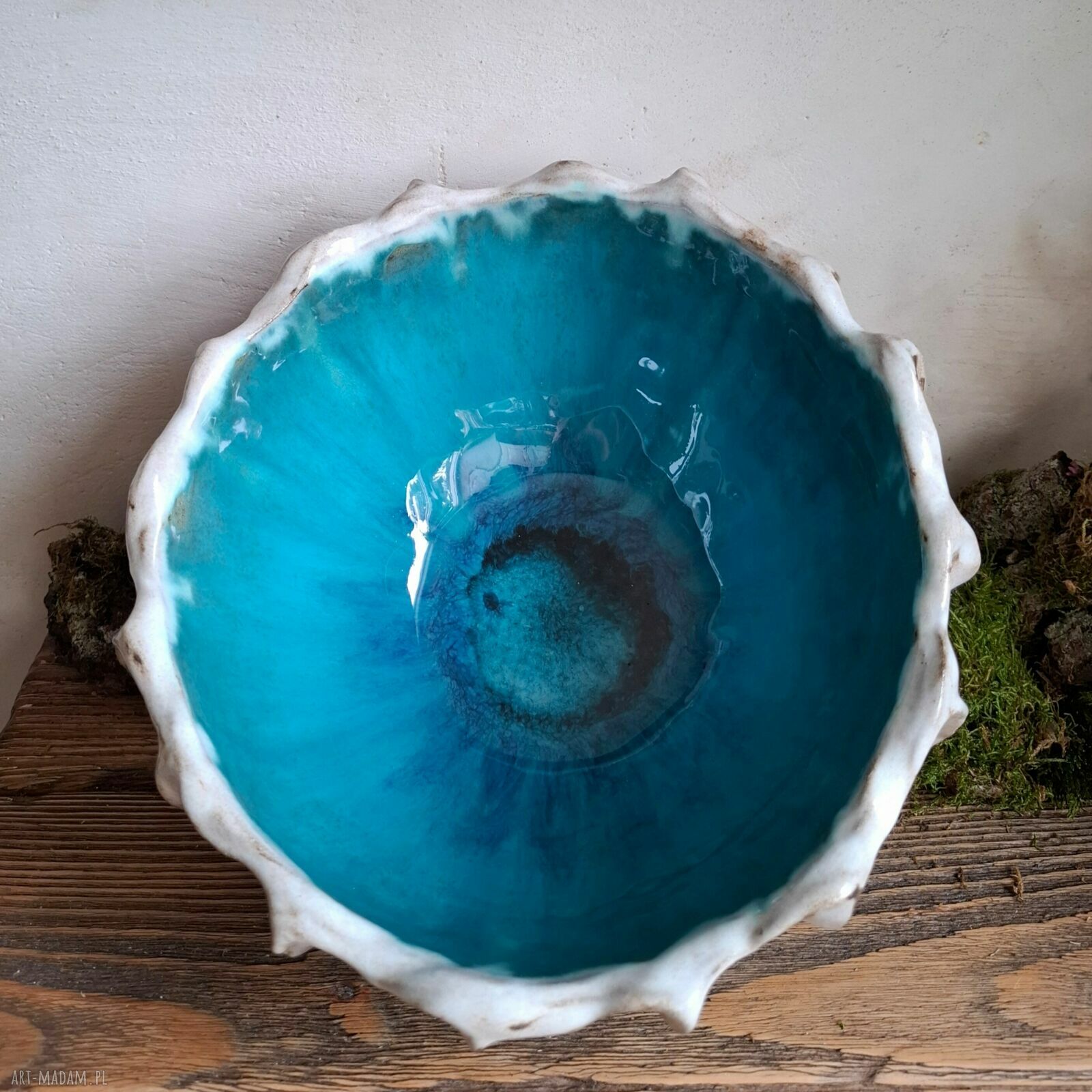 Misa ceramiczna Muszla morska - ręcznie lepiona z granatowym i turkusowym szkliwem
