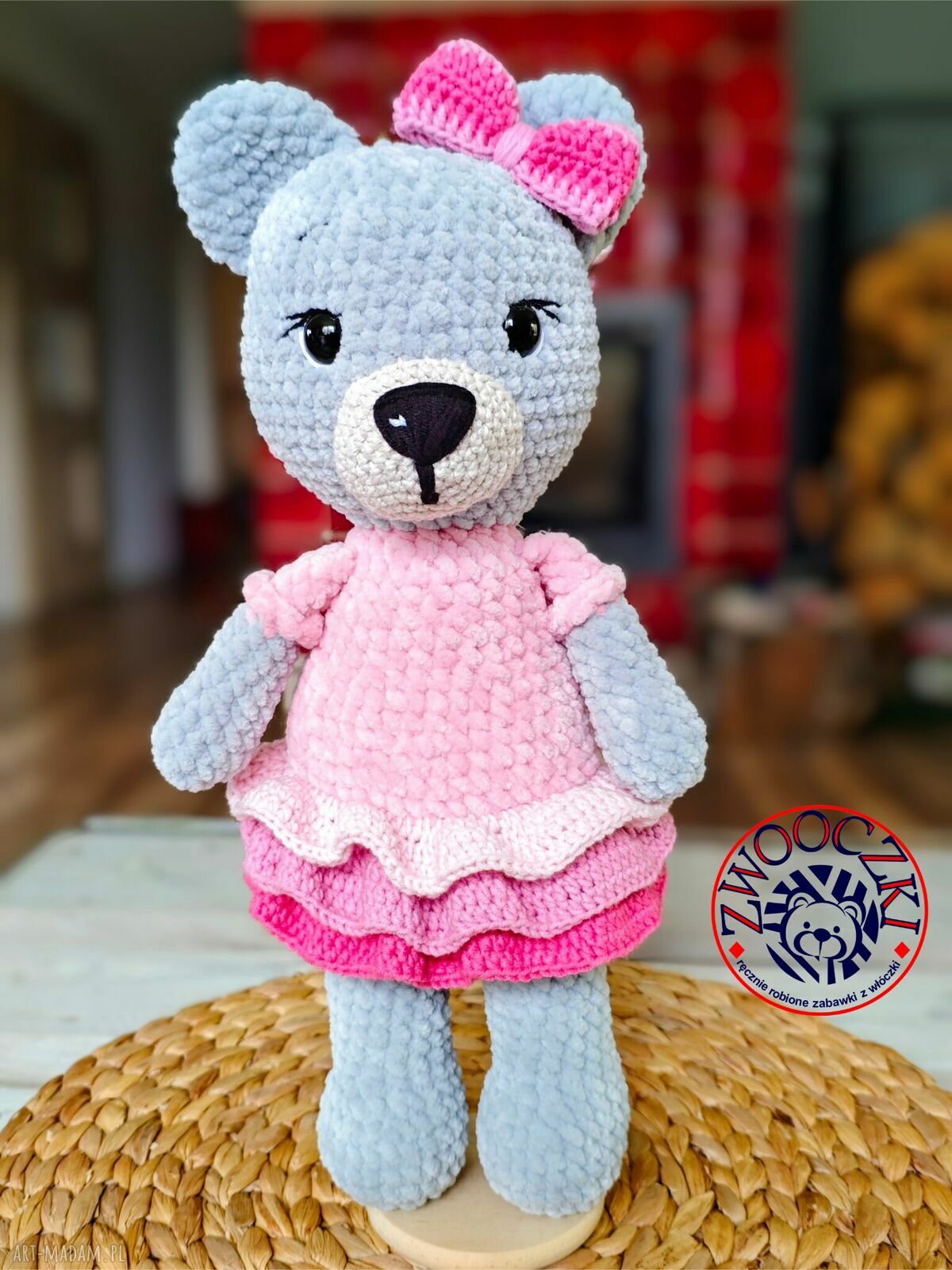 Szydełkowy miś w różowej sukience 30 cm - handmade przytulanka