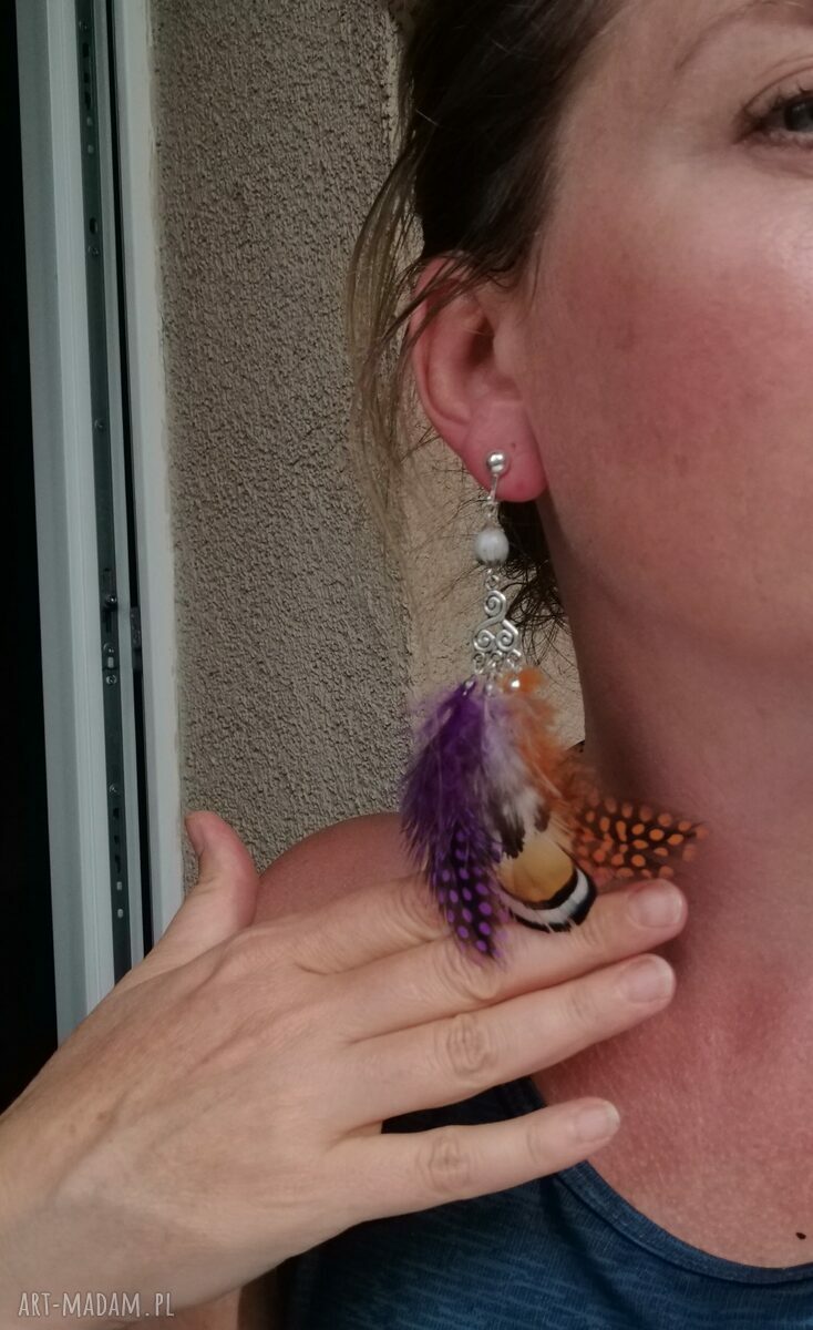 Żółte klipsy z piór i frędzlami w stylu boho - Ruda Klara