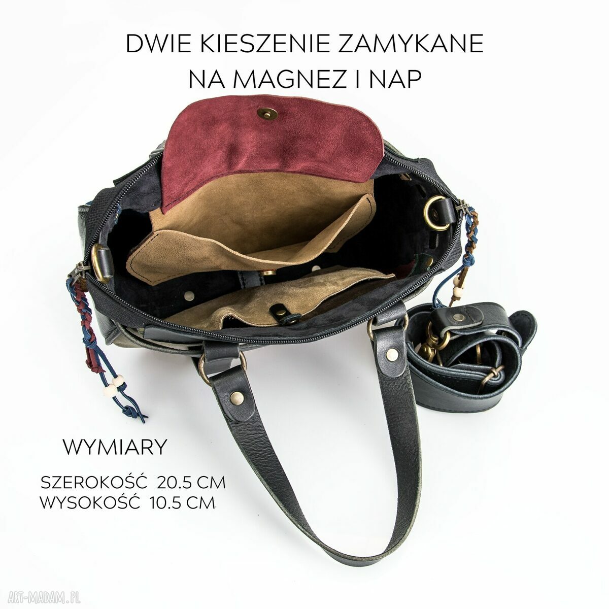 Missy - mała skórzana torebka Boho czarna z kolorowymi akcentami