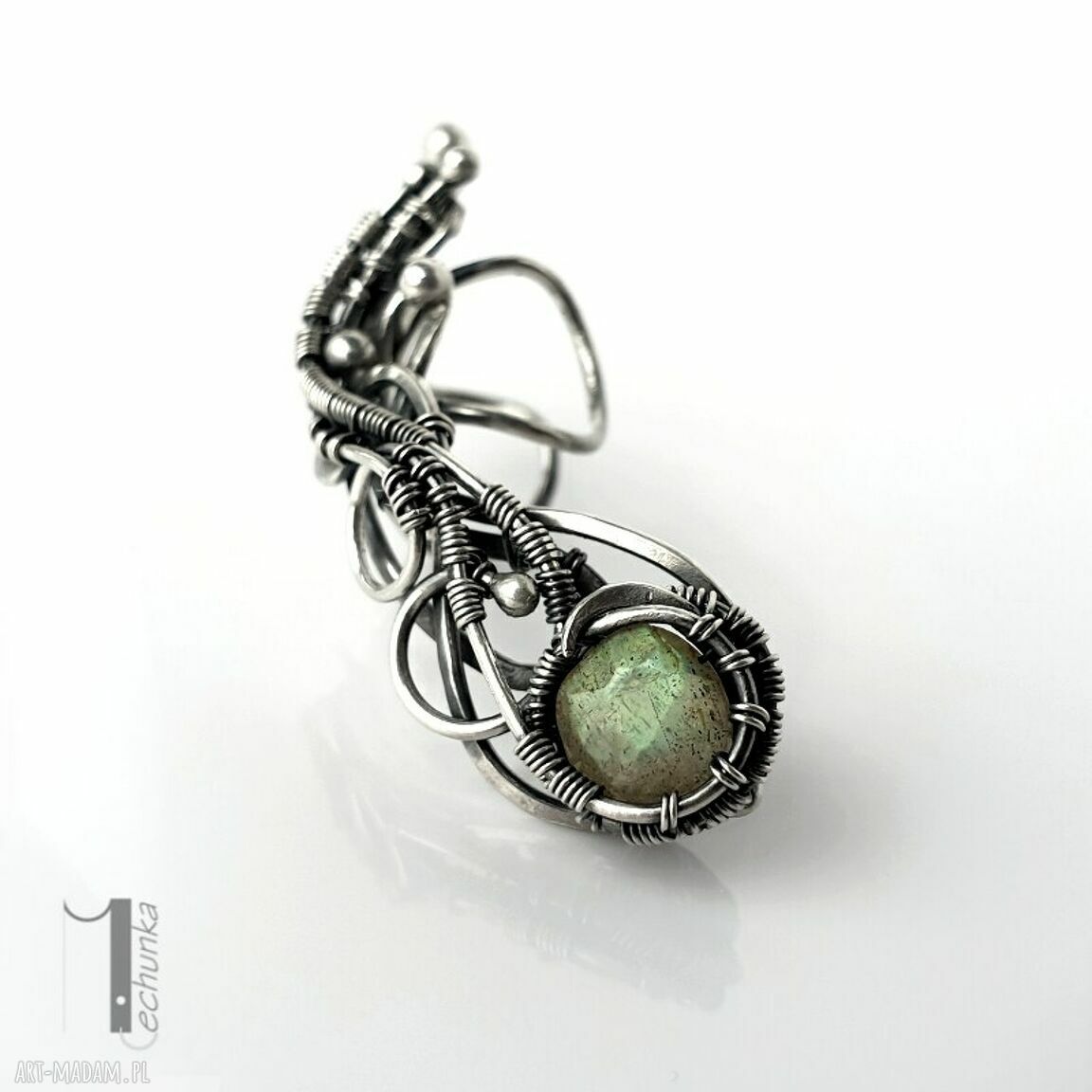 Selene srebrna nausznica labradorytem wire wrapping labradoryt
