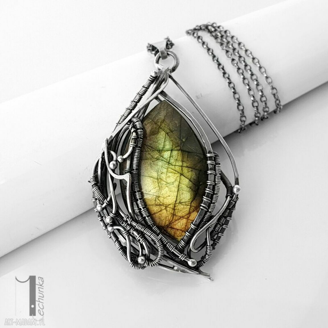 Filix srebrny naszyjnik z labradorytem wire wrapping na prezent