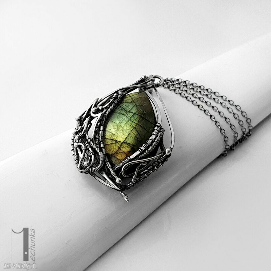 Filix srebrny naszyjnik z labradorytem wire wrapping na prezent