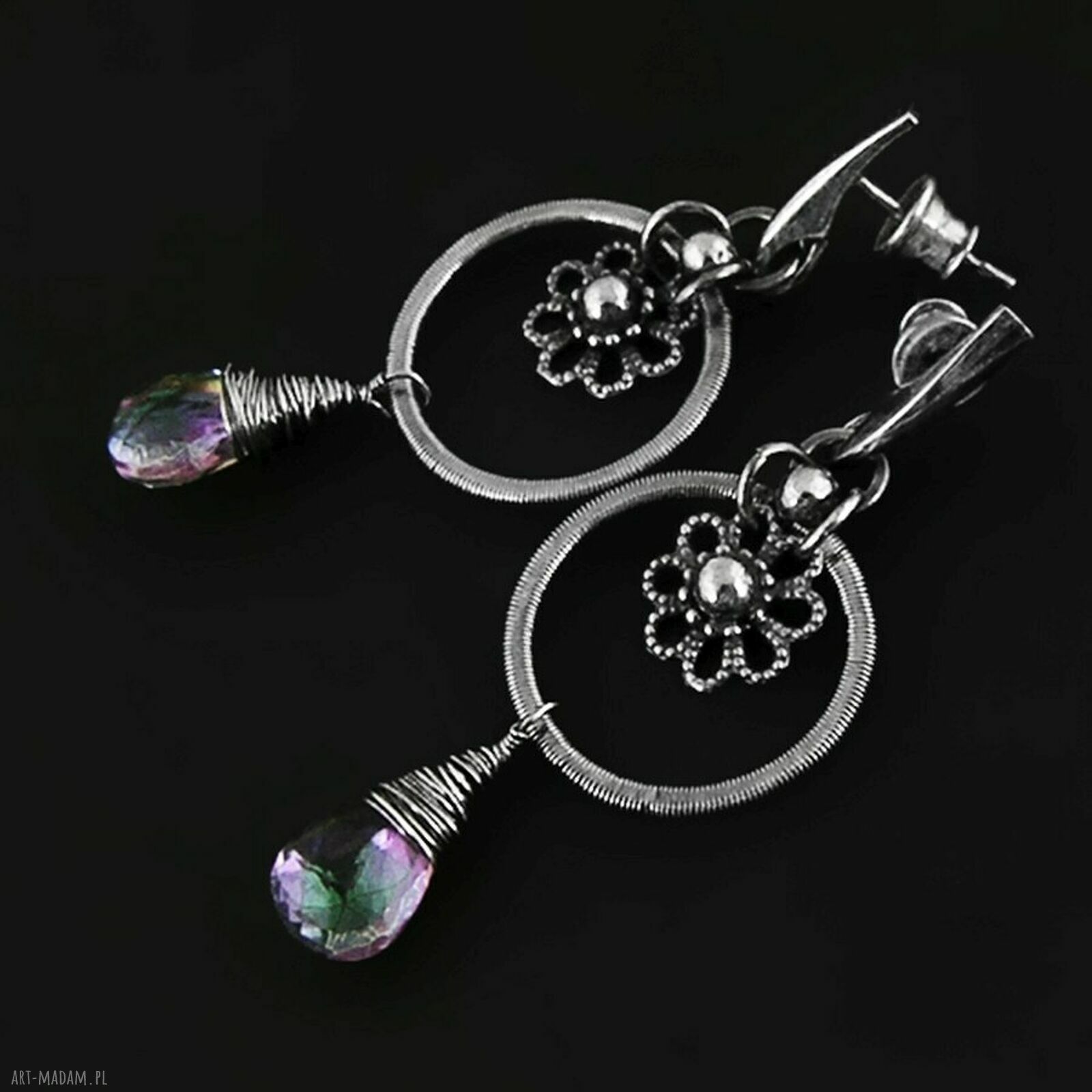 Mistyczne kwarce - srebrne kolczyki lub klipsy z kwarcem Mystic w technice wire wrapping