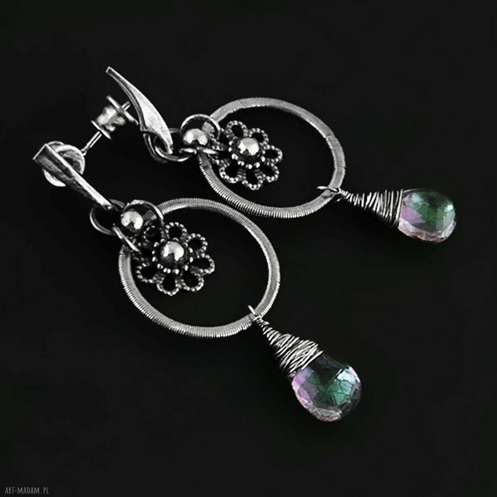 Mistyczne kwarce - srebrne kolczyki lub klipsy z kwarcem Mystic w technice wire wrapping