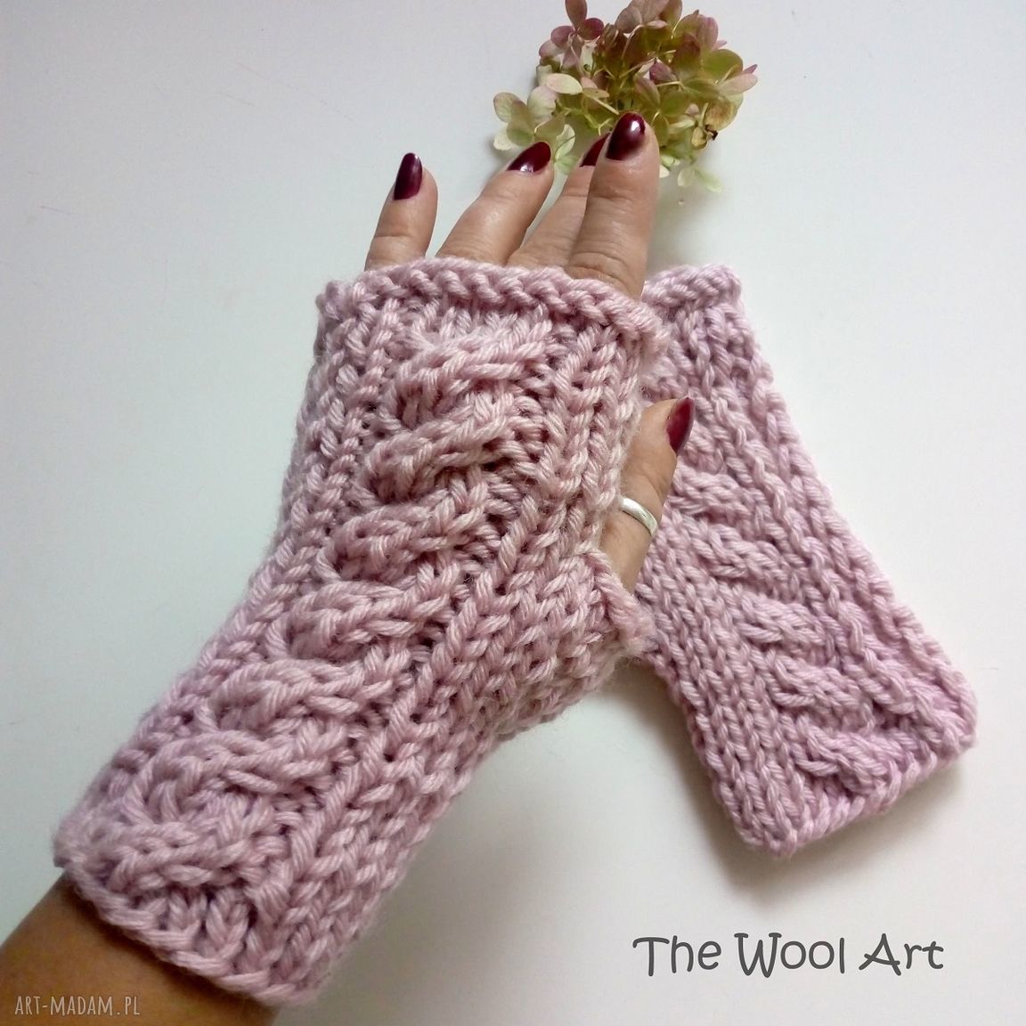 Różowe wełniane mitenki handmade na drutach - 18 cm - jesienne ocieplacze na dłonie