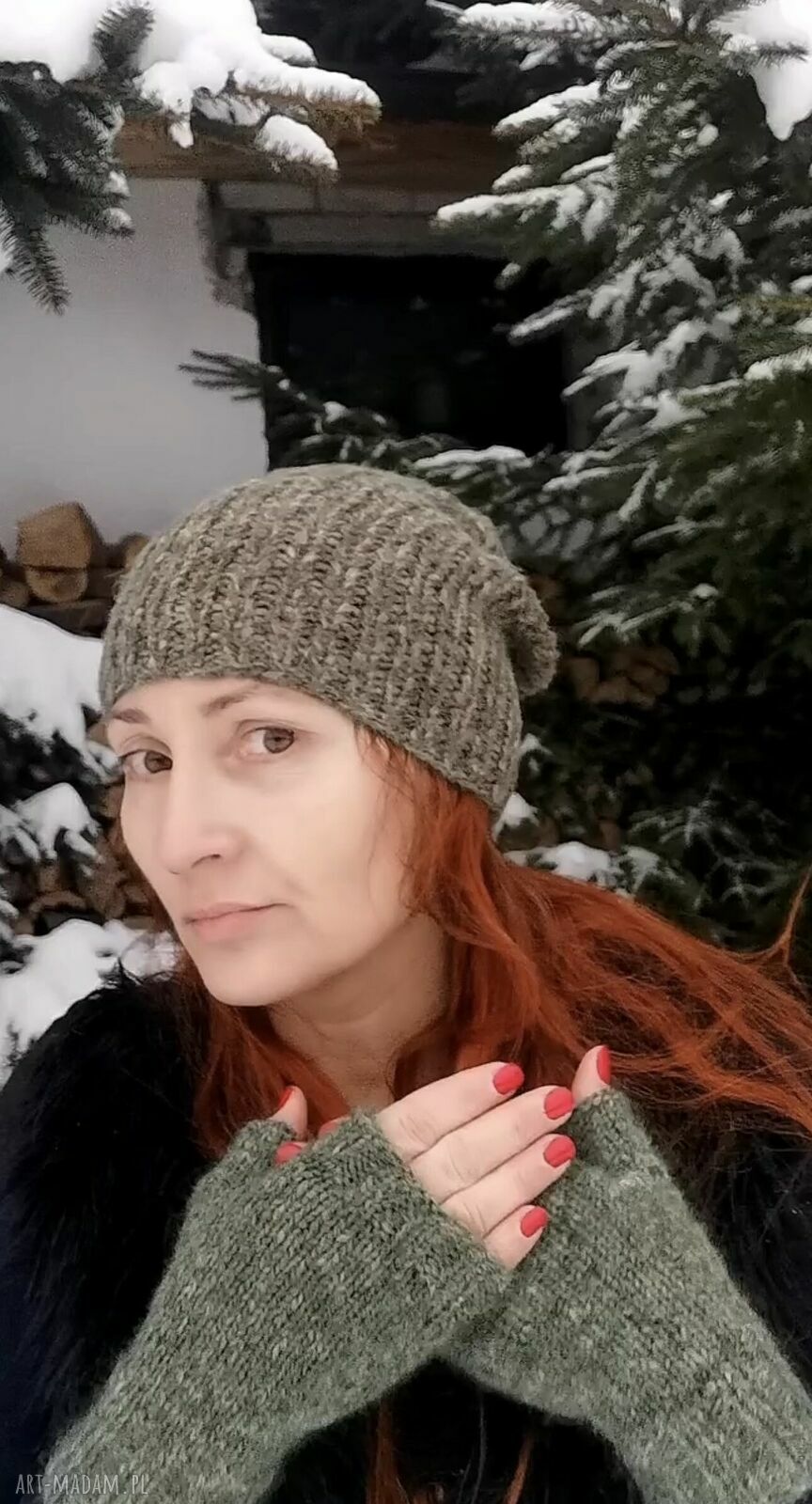 Zielone mitenki z wełny, moheru i jedwabiu - rękawiczki bez palców