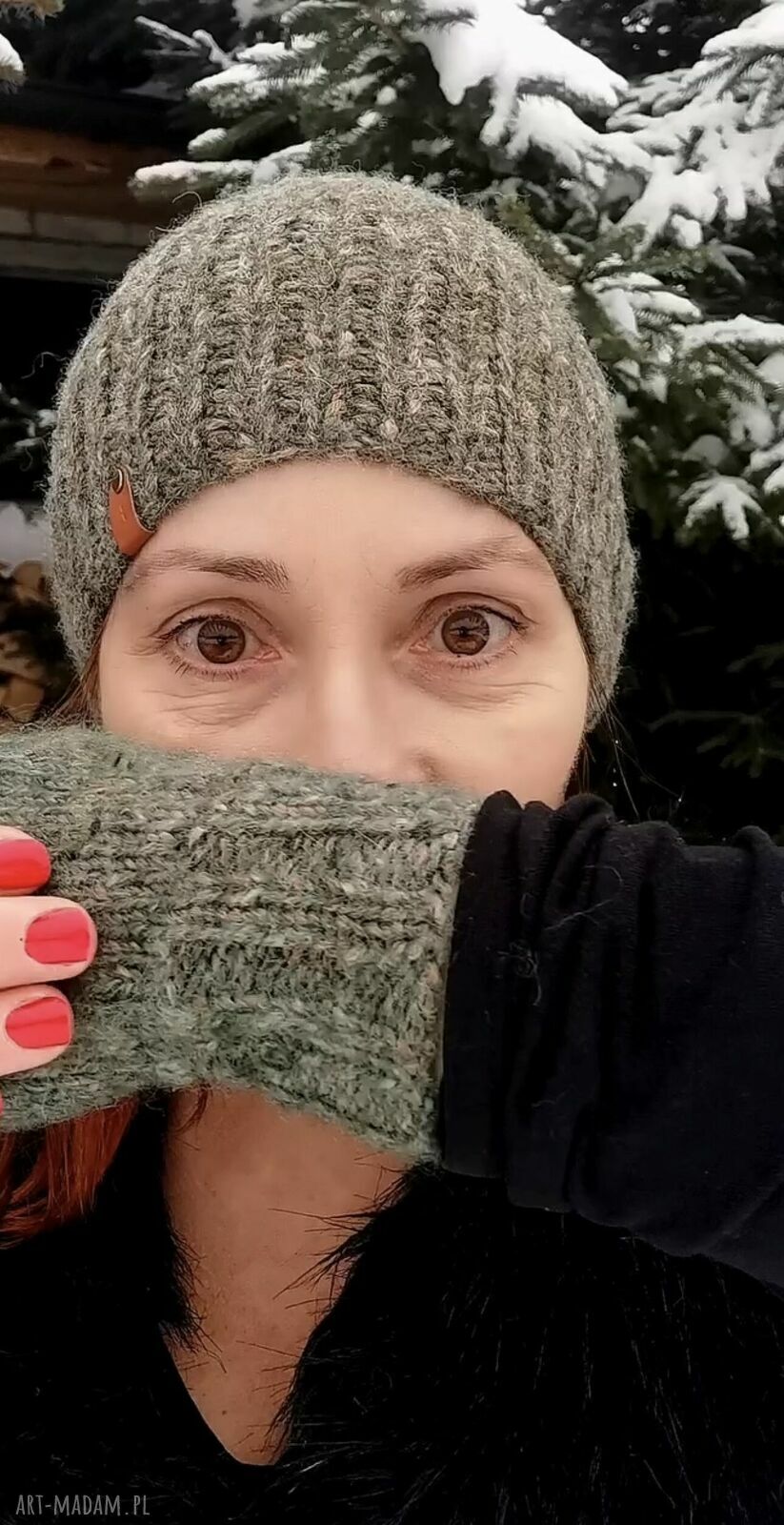 Zielone mitenki z wełny, moheru i jedwabiu - rękawiczki bez palców
