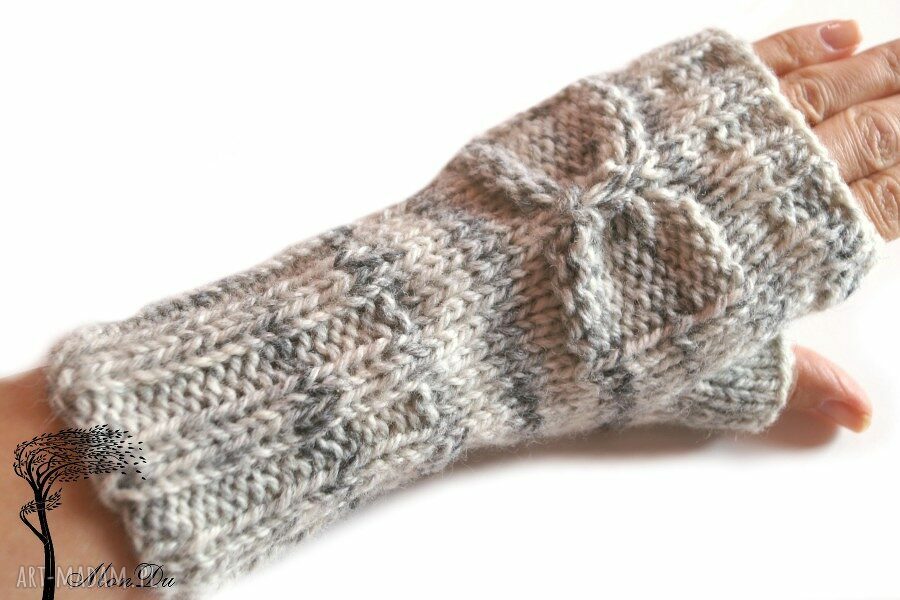 Mitenki z kokardką - bezszwowe rękawiczki damskie handmade