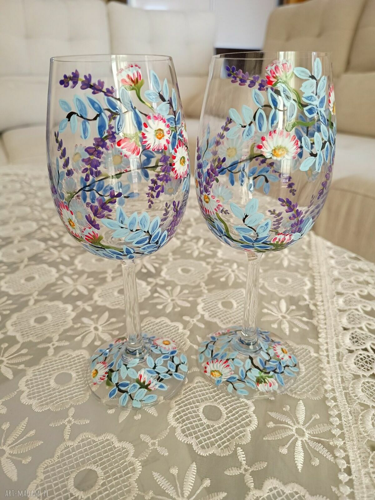 Komplet 2 ręcznie malowanych kieliszków do wina dla młodej pary 280 ml