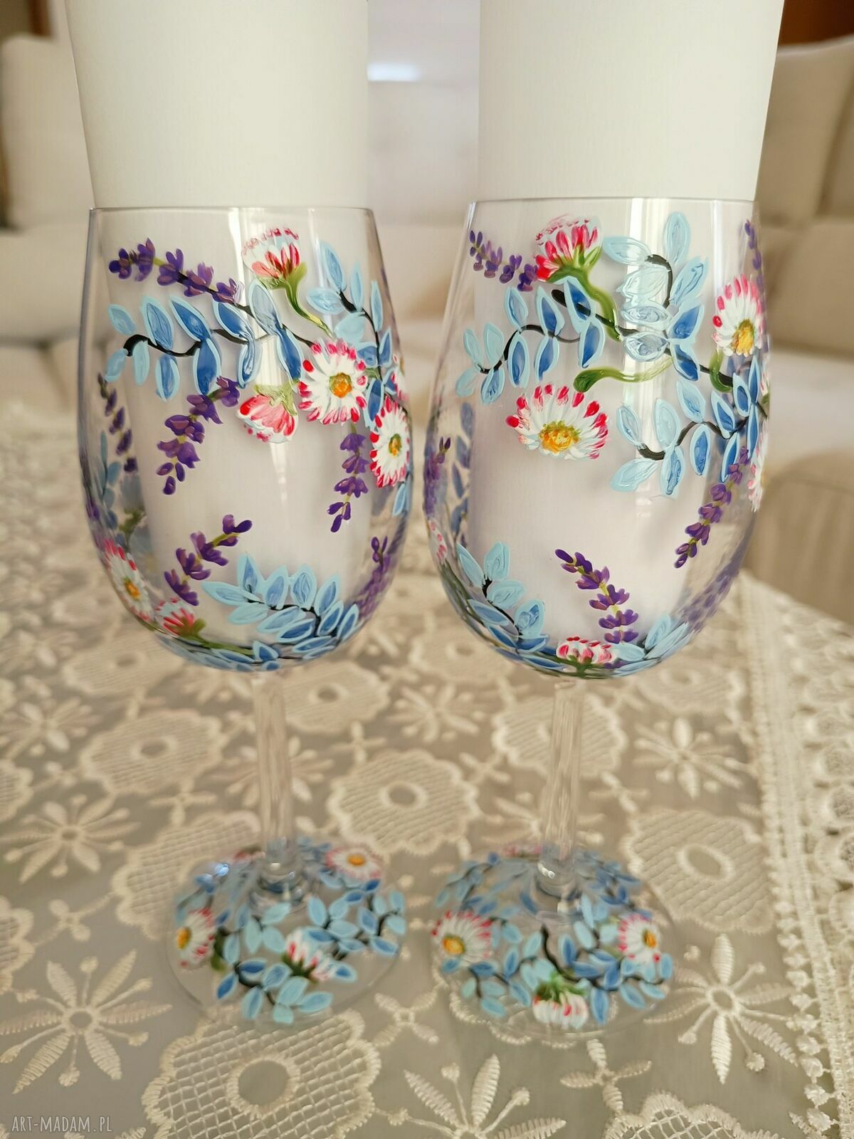 Komplet 2 ręcznie malowanych kieliszków do wina dla młodej pary 280 ml