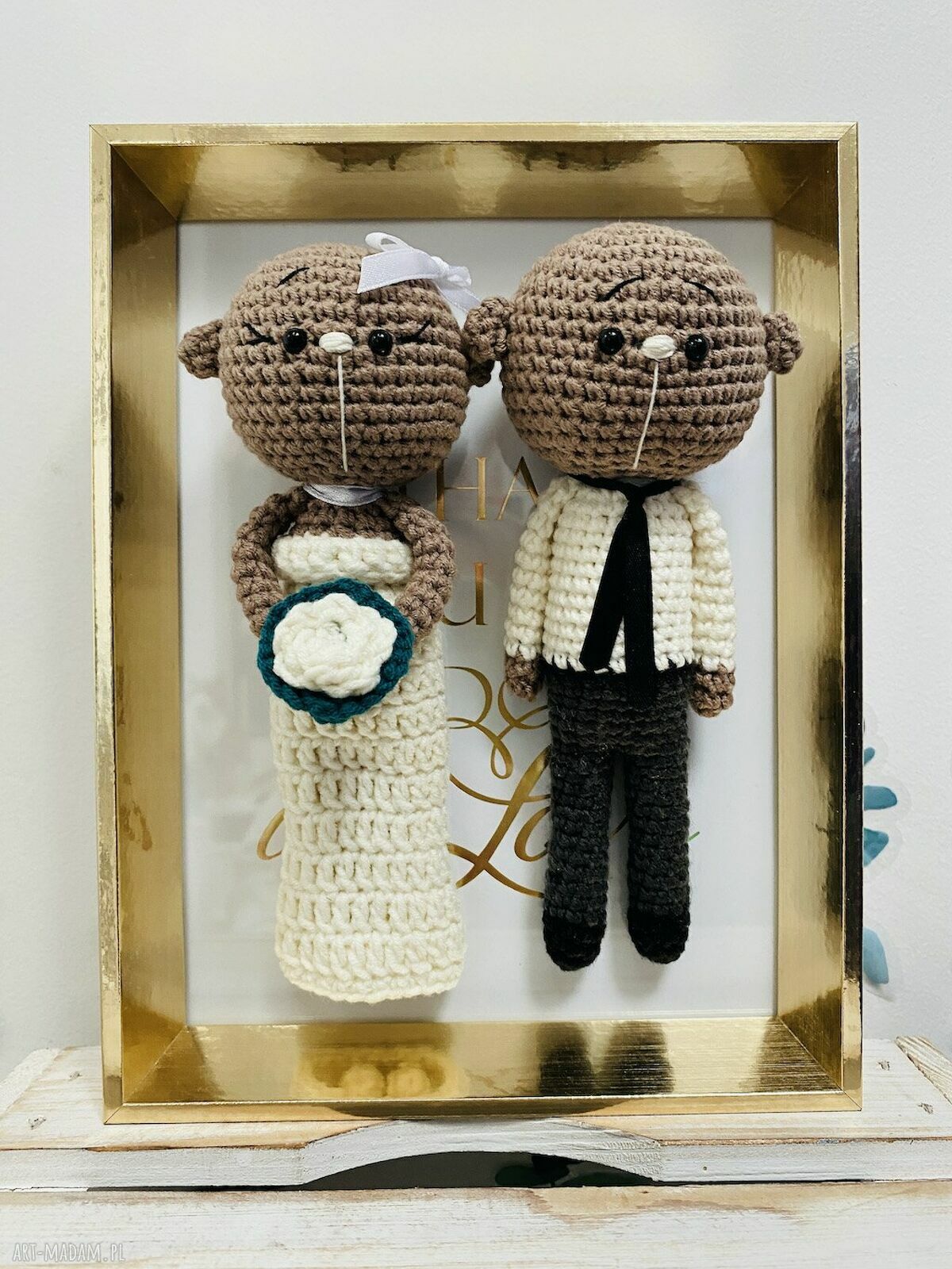 Młoda Para misie w złotej ramce - ręcznie robiony prezent ślubny handmade