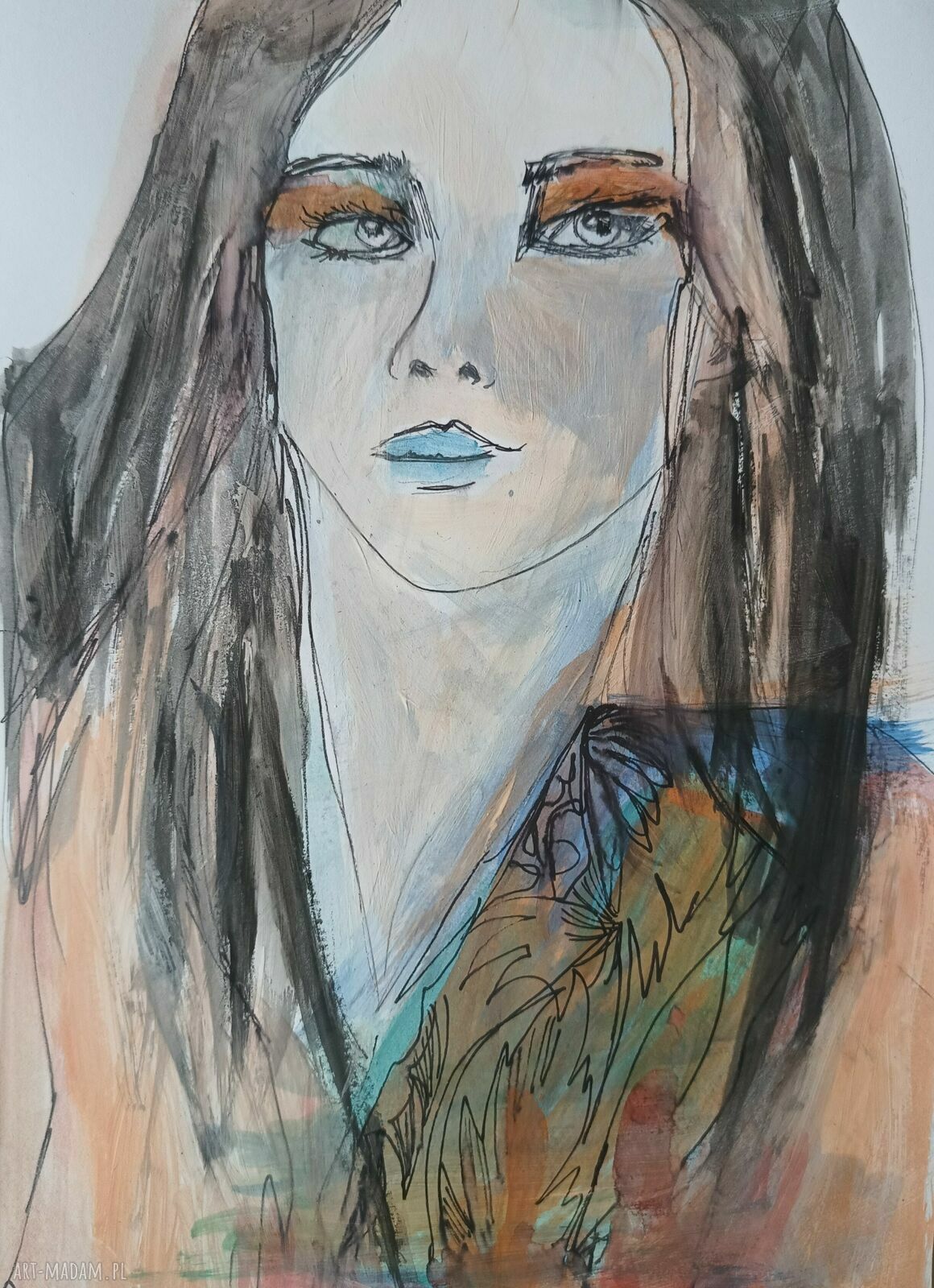 Modelka - ekspresyjny portret kobiety w technice mixed media