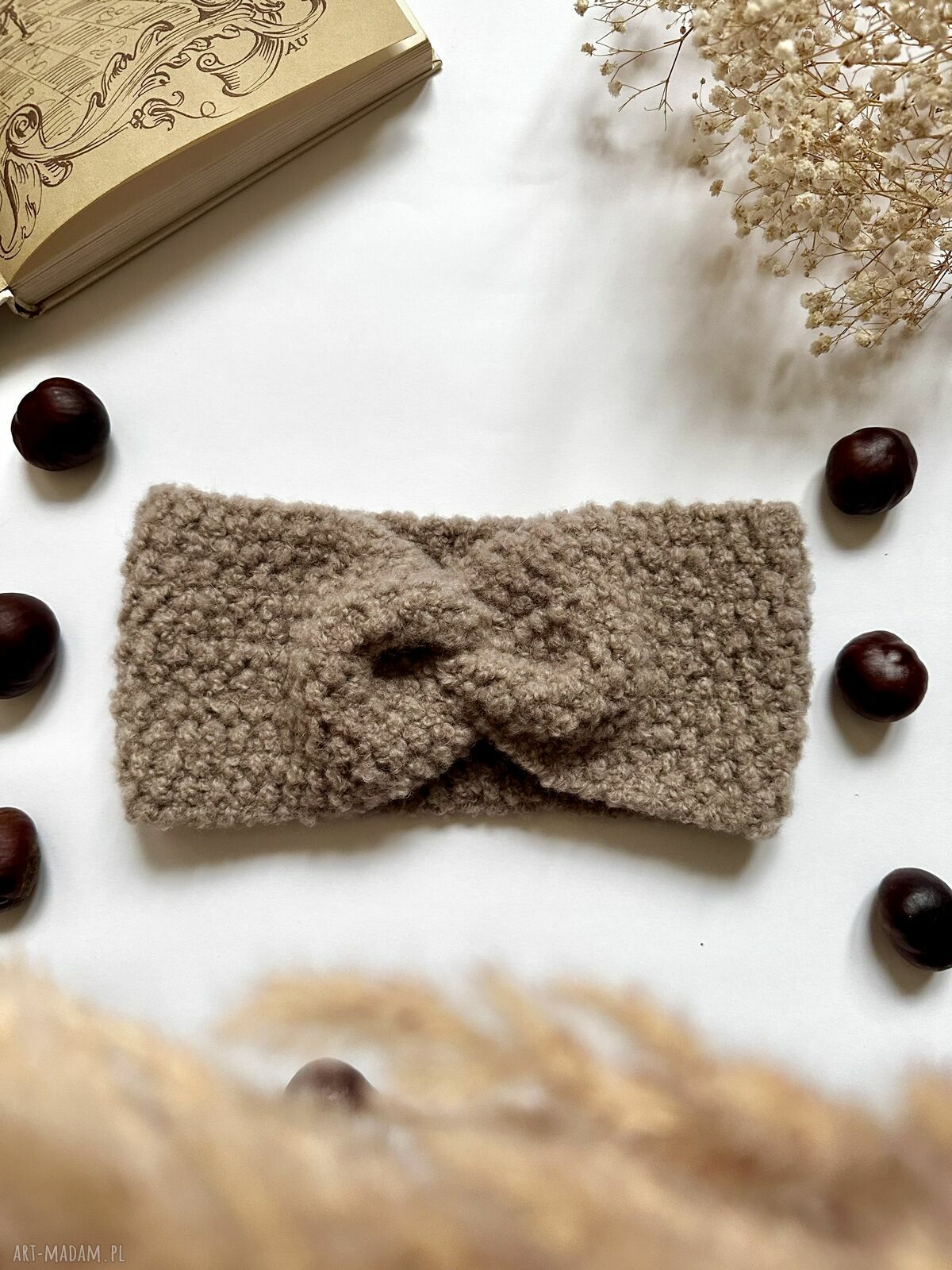 Modna opaska wełniana Twist Boucle w ciemnym beżu