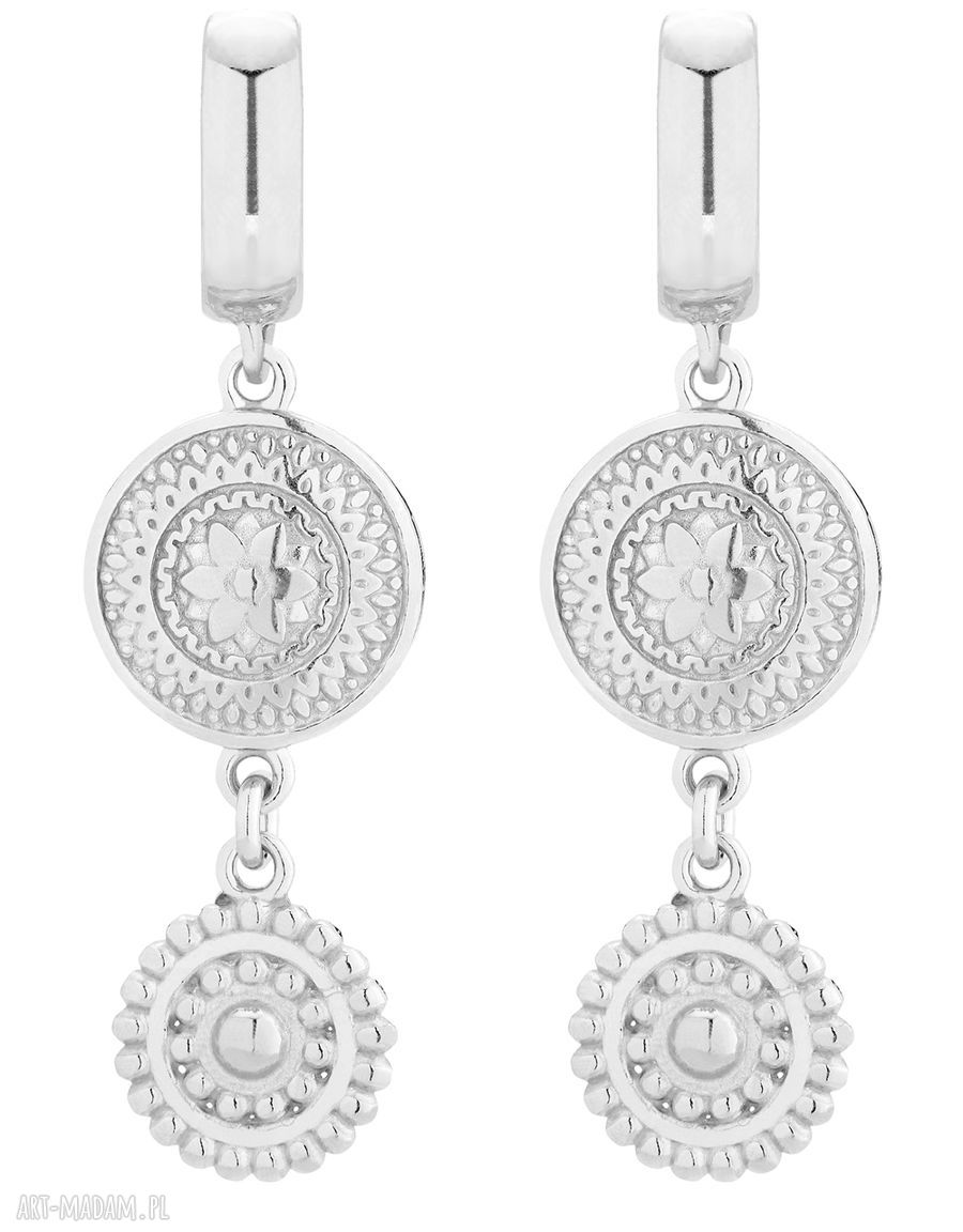 Srebrne długie kolczyki rozetkami wiszące rozetki modne stylowe