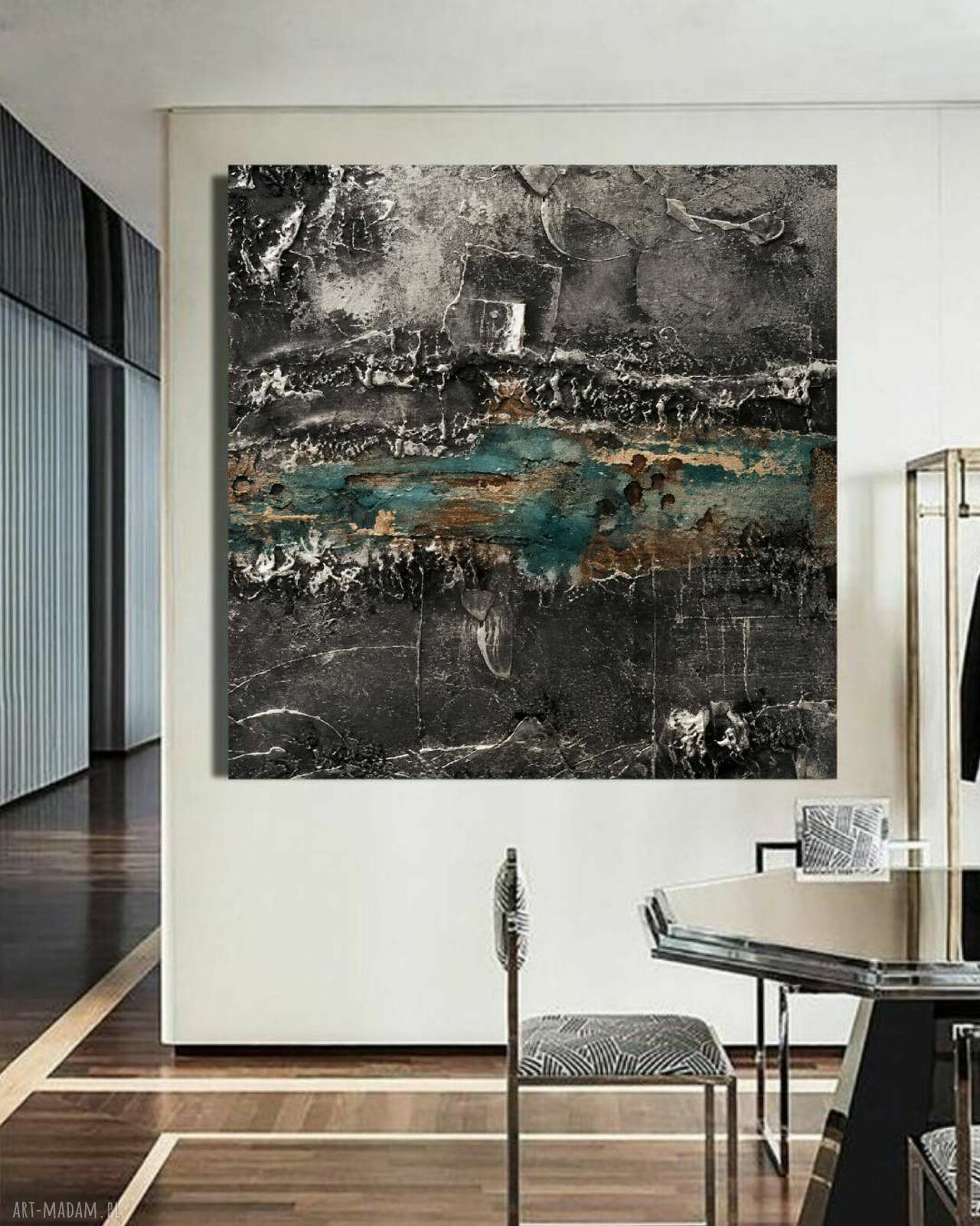 Modny obraz strukturalny 120x120 cm - brudne srebro, złoto i turkus