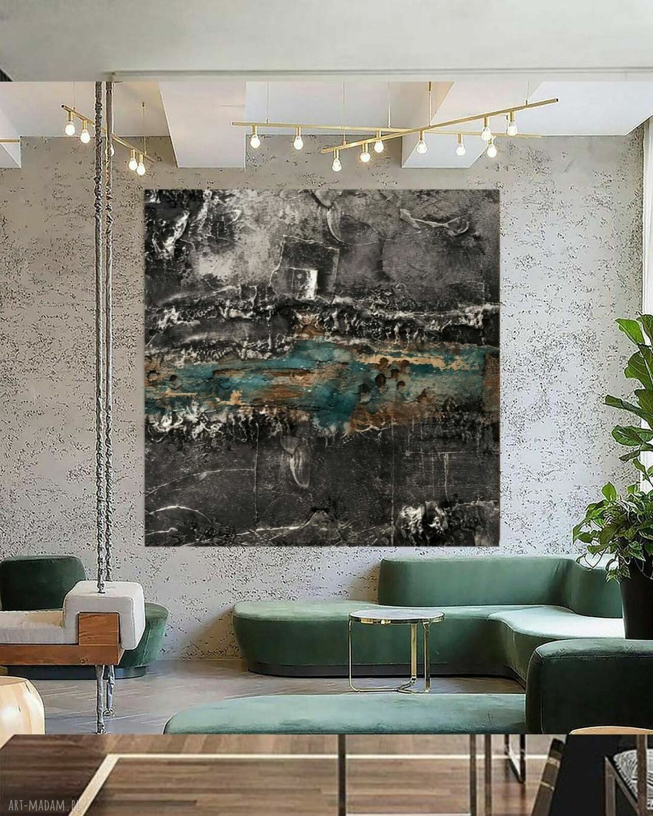 Modny obraz strukturalny 120x120 cm - brudne srebro, złoto i turkus