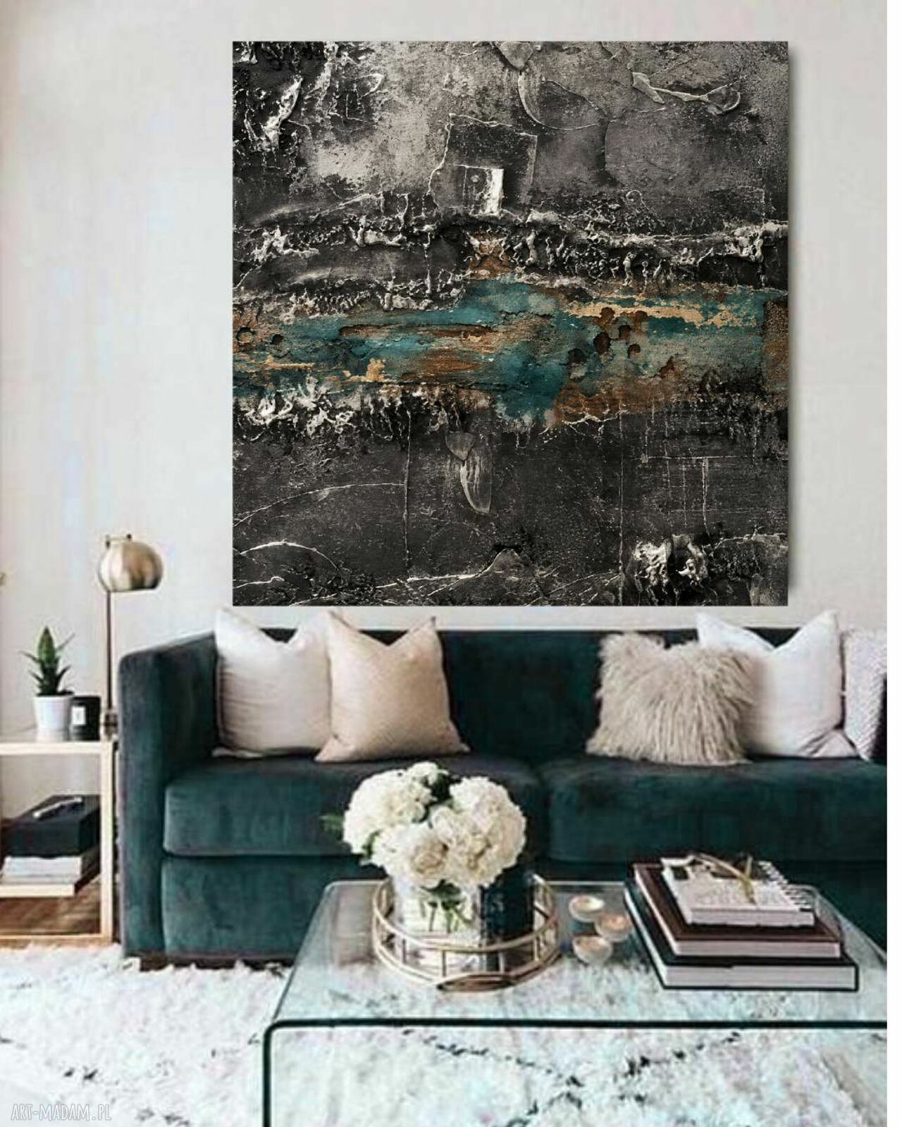 Modny obraz strukturalny 120x120 cm - brudne srebro, złoto i turkus