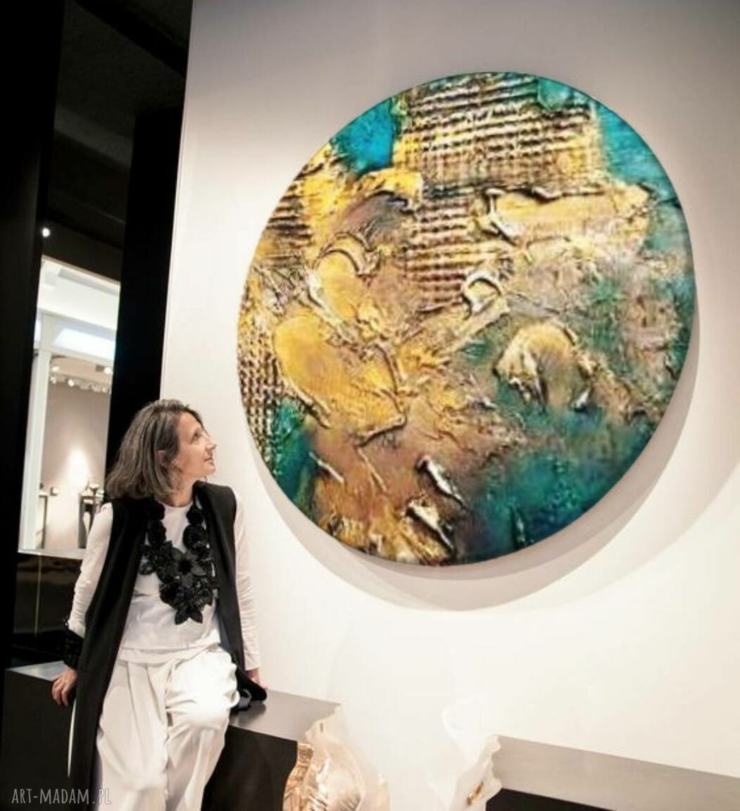 Okrągły obraz AZURE COAST z fakturą - abstrakcyjna dekoracja 70 cm do salonu
