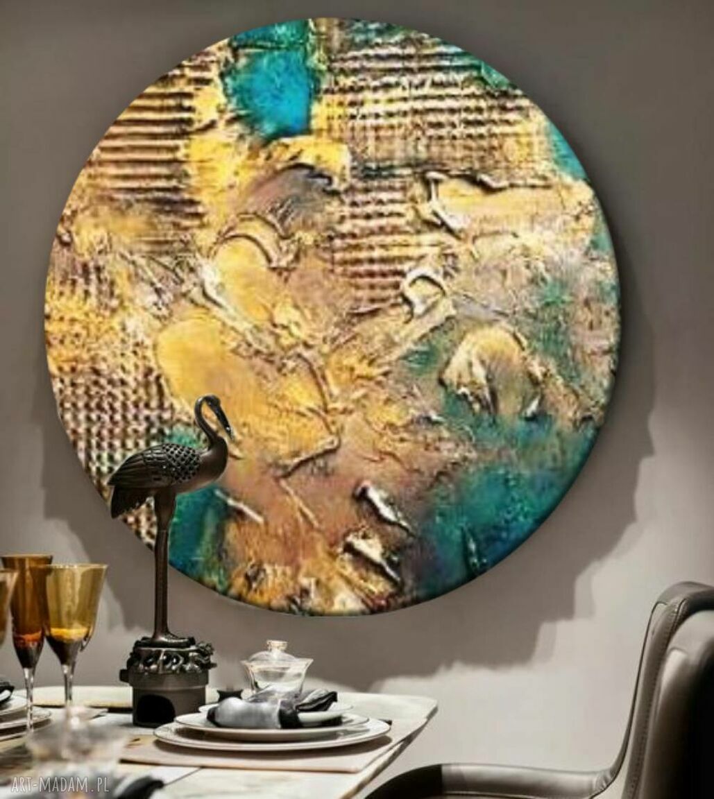 Okrągły obraz AZURE COAST z fakturą - abstrakcyjna dekoracja 70 cm do salonu