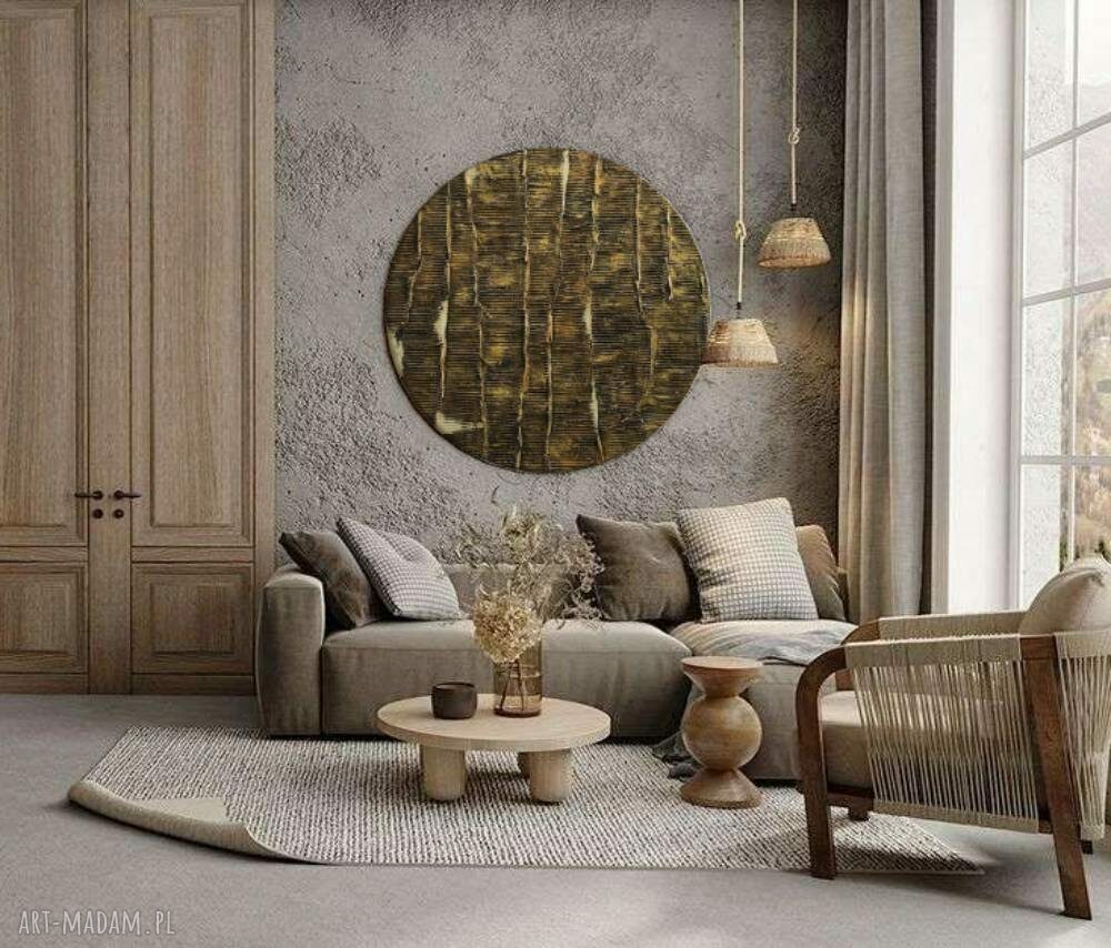 Modny okrągły obraz GOLDEN STRIPES z fakturą - średnica 70 cm