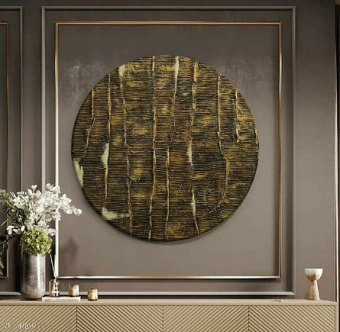 Modny okrągły obraz GOLDEN STRIPES z fakturą - średnica 70 cm