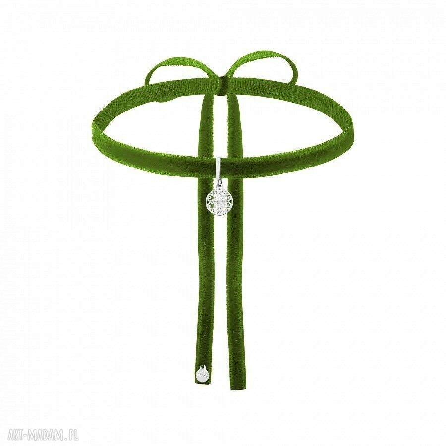 Oliwkowy aksamitny choker srebrnĄ rozetkĄ modny naszyjnik