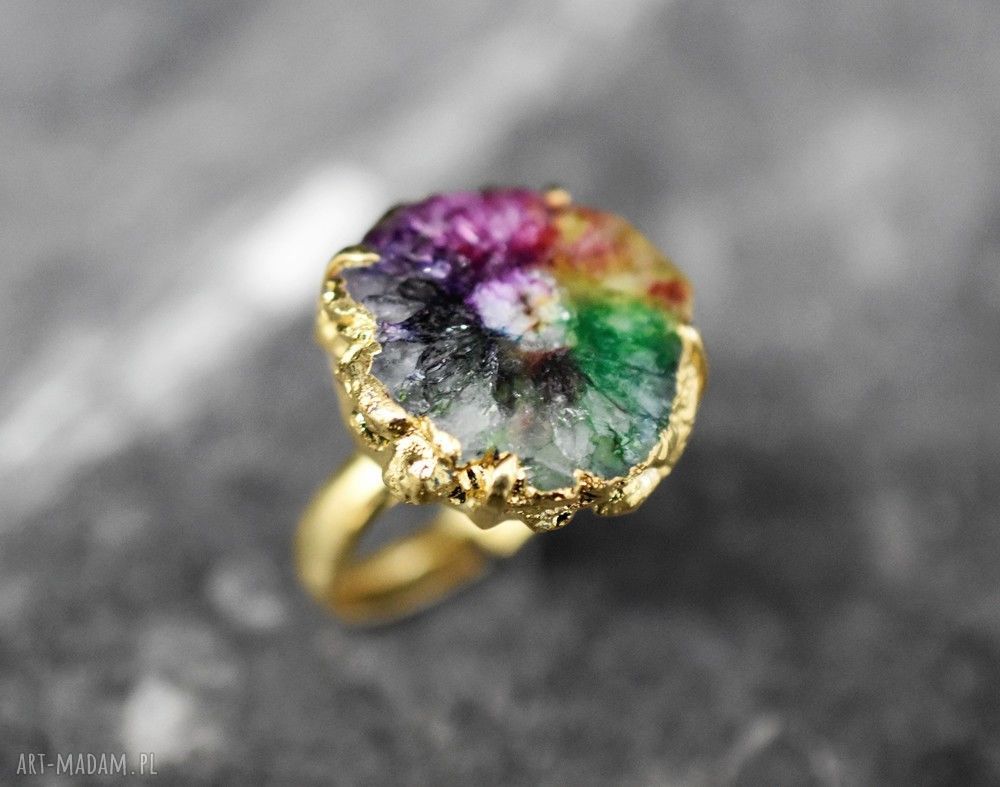 RadoŚĆ Życia pierścionek kwarc solarny regulowany kamień kolorowe