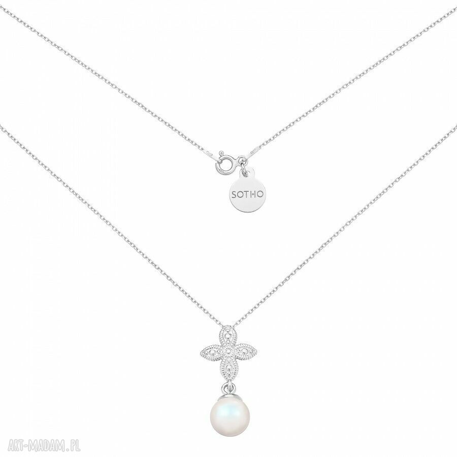 Srebrny naszyjnik SOTHO z rozetką i opalizującą perłą Swarovski Crystal Pearlescent