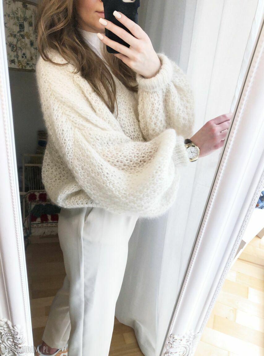 Moherowy, lekki kardigan z ozdobnymi guzikami - jedwab i alpaka (handmade)