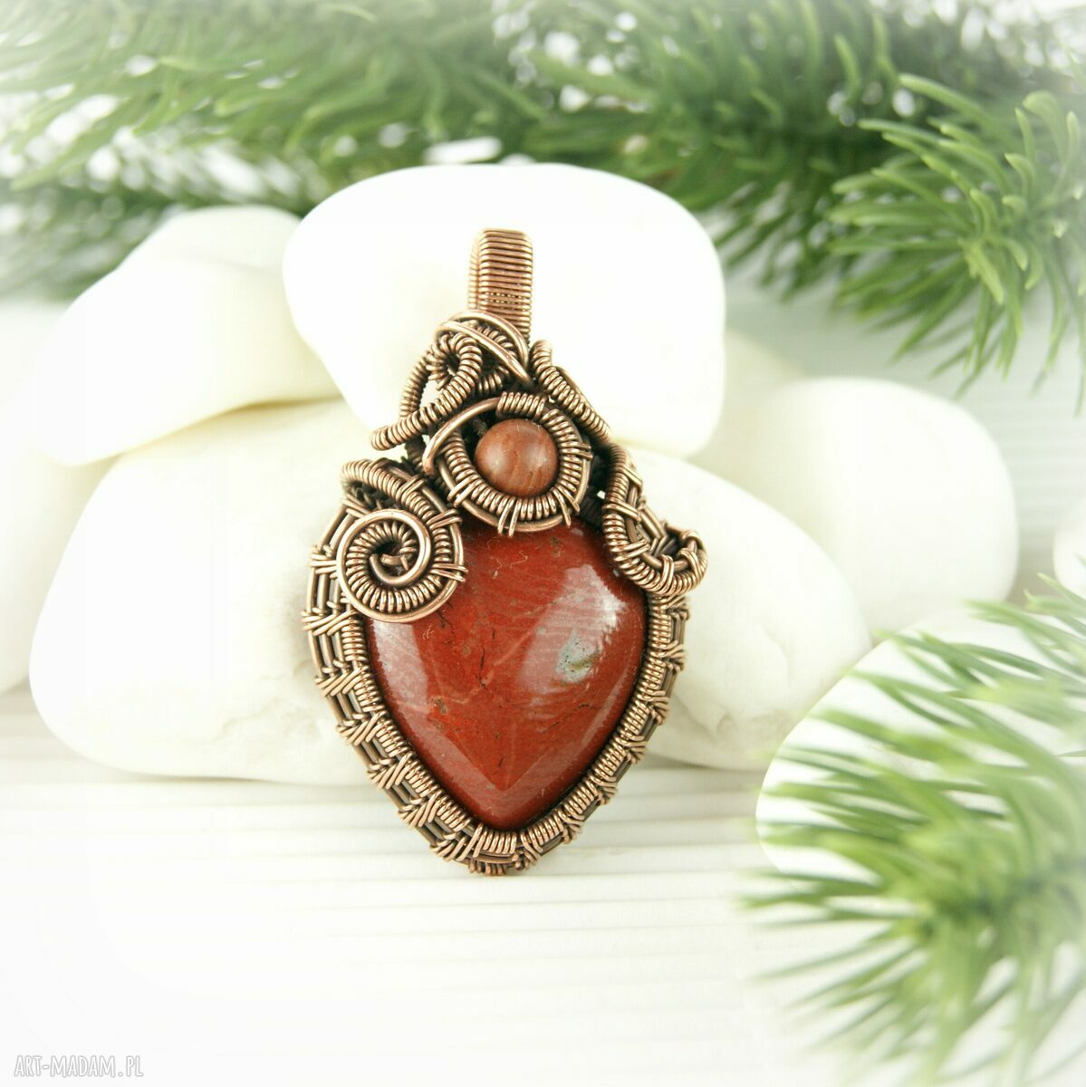 Wisiorek z jaspisem Mokait wire wrapping - miedziany amulet z hematytem