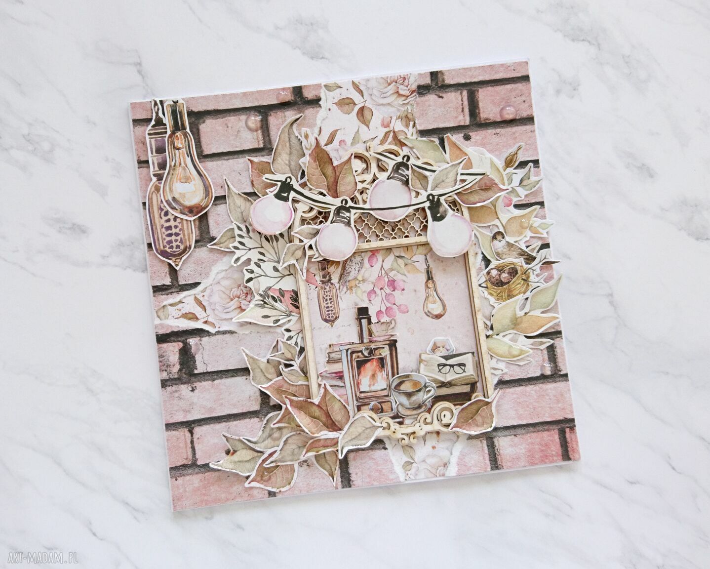 Kartka przytulny wieczór dom liście książki mól ksiązkowy urocza