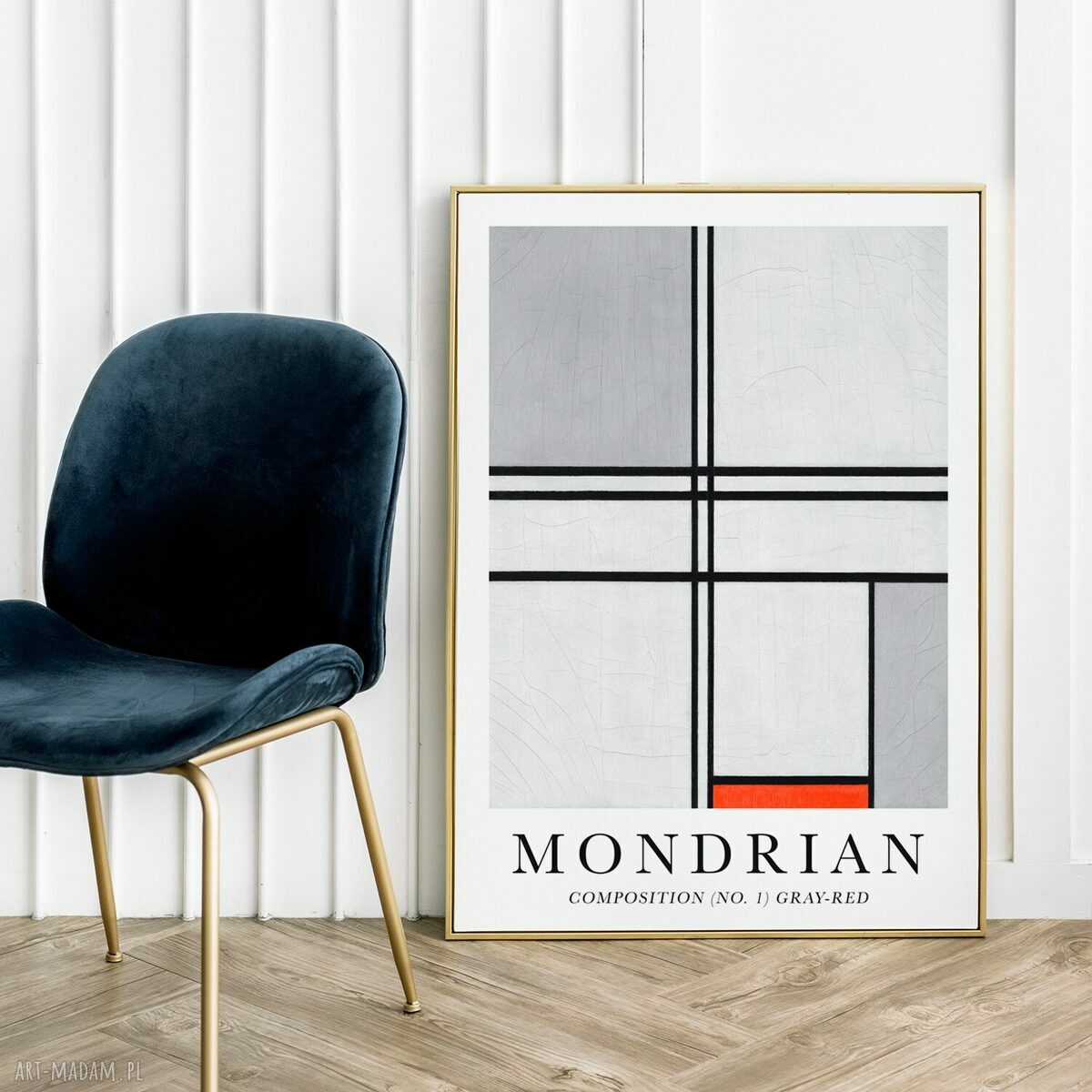 Plakat Mondrian szaro-czerwony 30x40 cm - wyrazista geometria do wnętrza