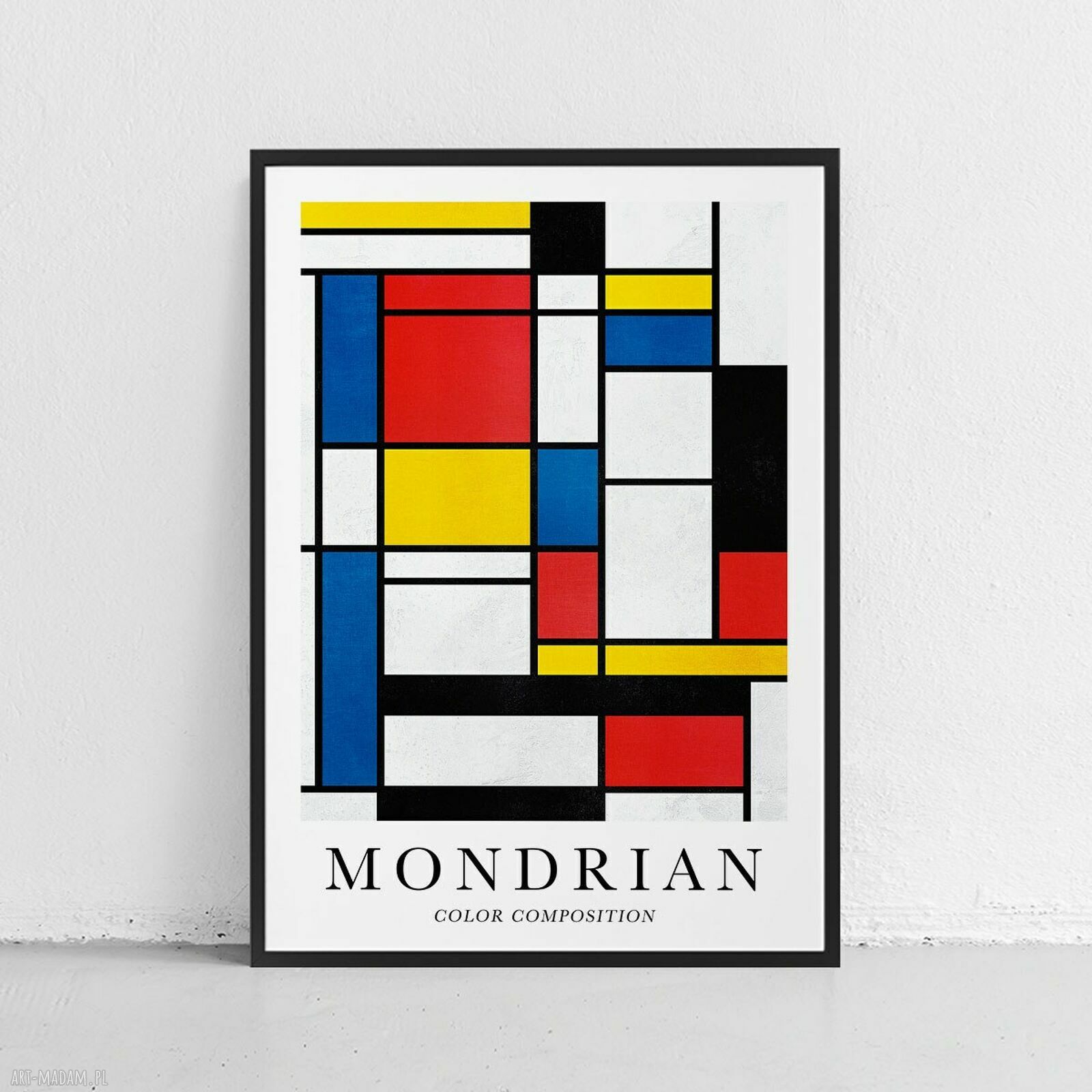Plakat Mondrian Geometria 40x50 cm - nowoczesna dekoracja w czerni, bieli i niebieskim