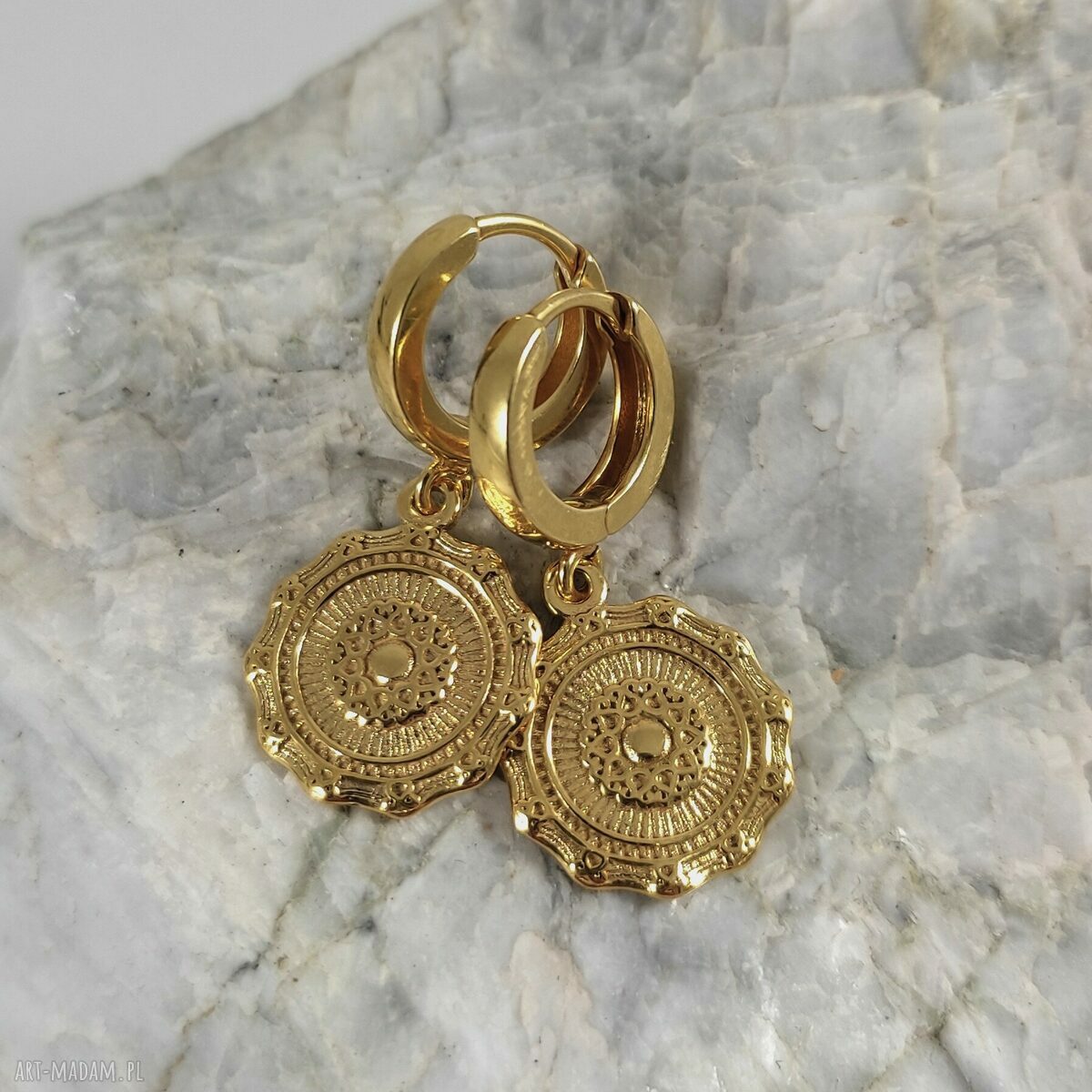 Boho kolczyki - monety ze srebra 925 złocone 24K