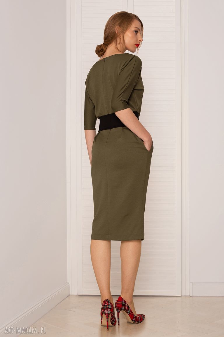 Sukienka mono khaki ciemny - dopasowana elegancka z kieszeniami