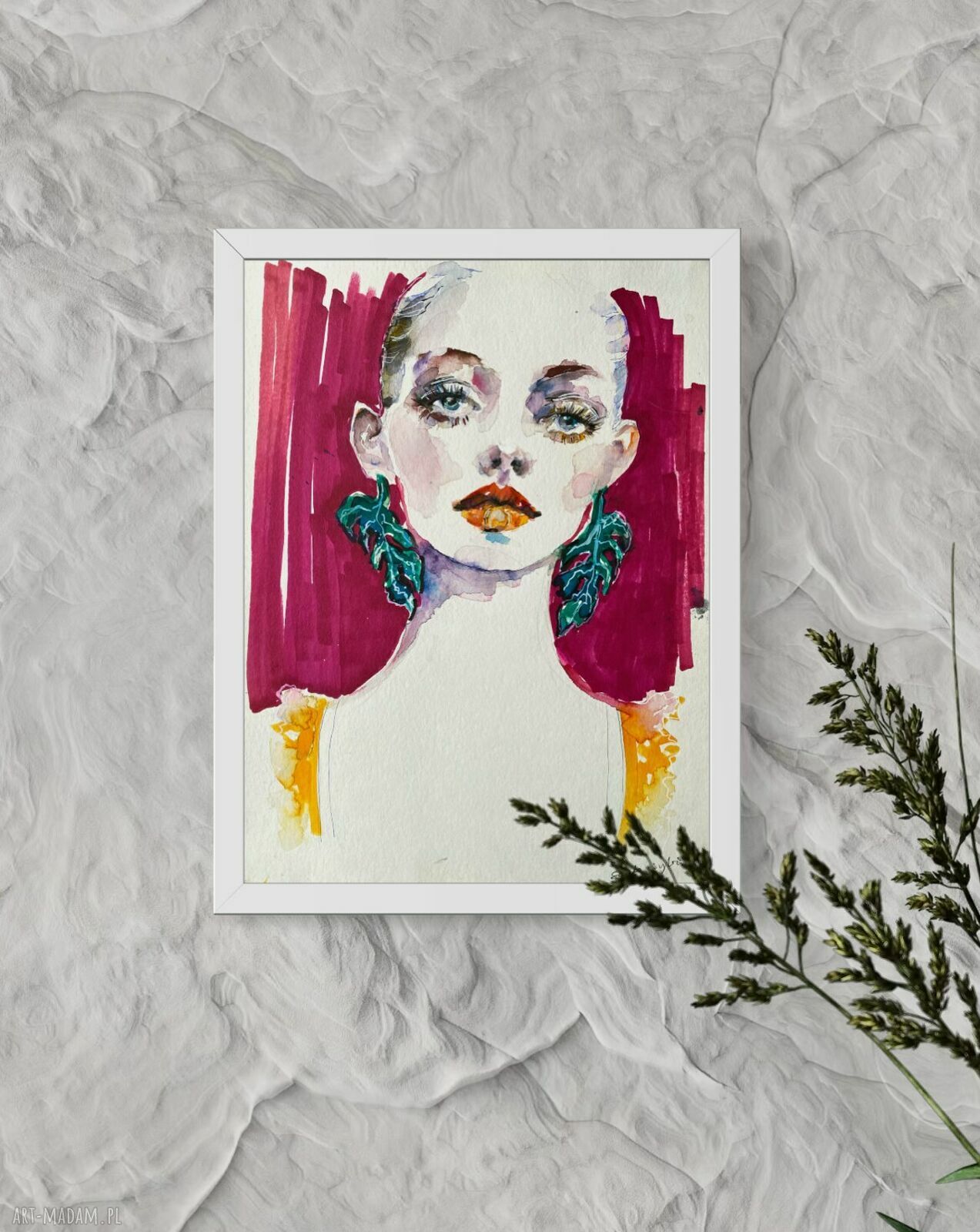Monstera Earrings - akwarelowy portret kobiety w stylu fashion