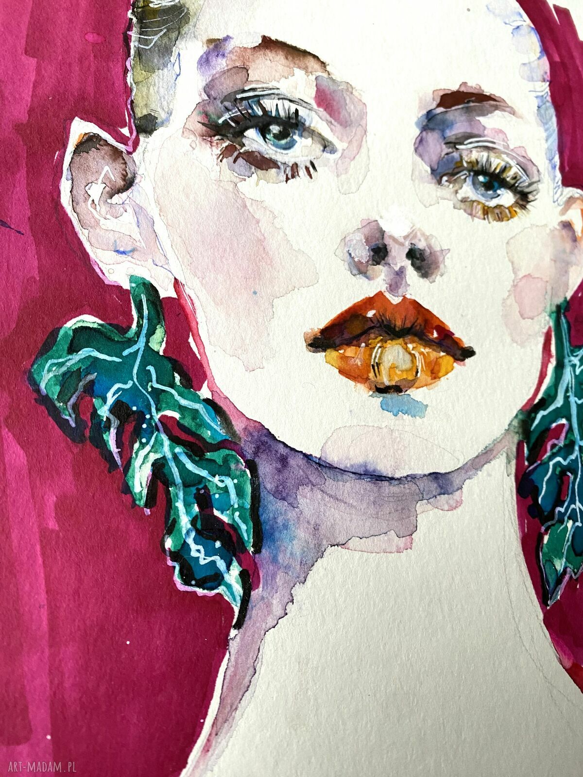 Monstera Earrings - akwarelowy portret kobiety w stylu fashion