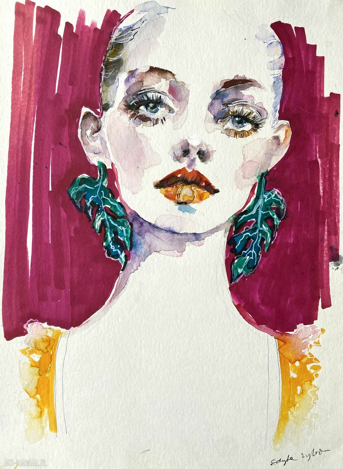 Monstera Earrings - akwarelowy portret kobiety w stylu fashion