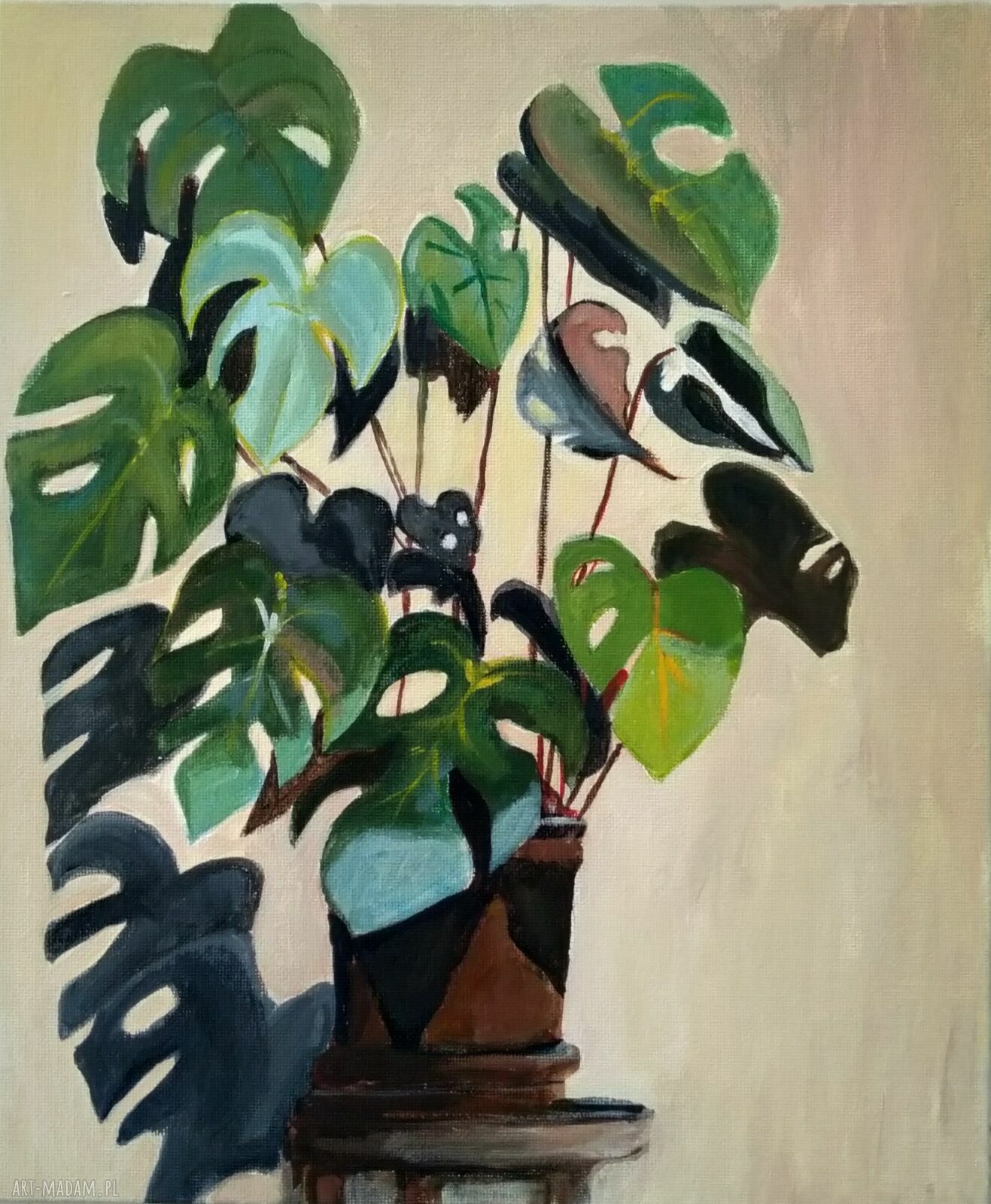 Monstera - obraz tempera i akryl 25 x 30 cm