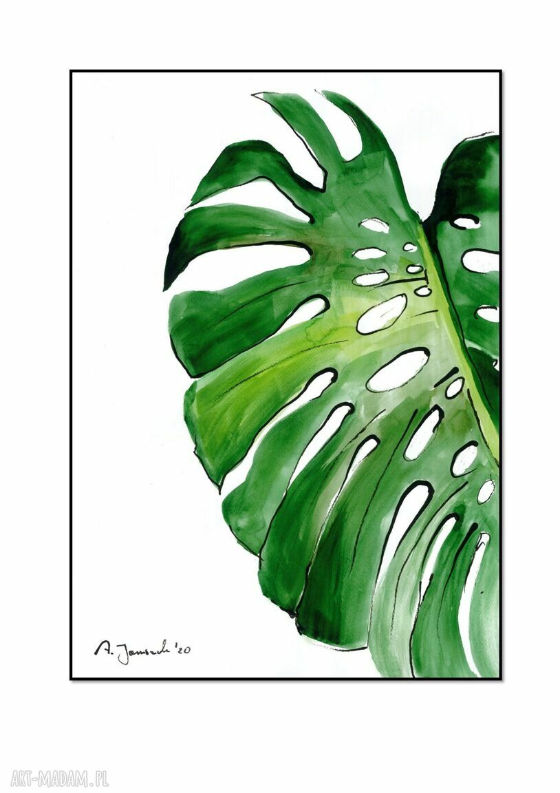 Tryptyk Monstera - ręcznie malowana grafika akwarelowa do salonu