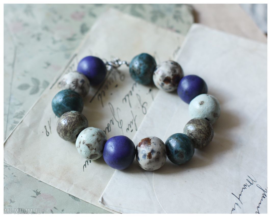 Morska bransoletka i broszka koliber z ceramiki handmade