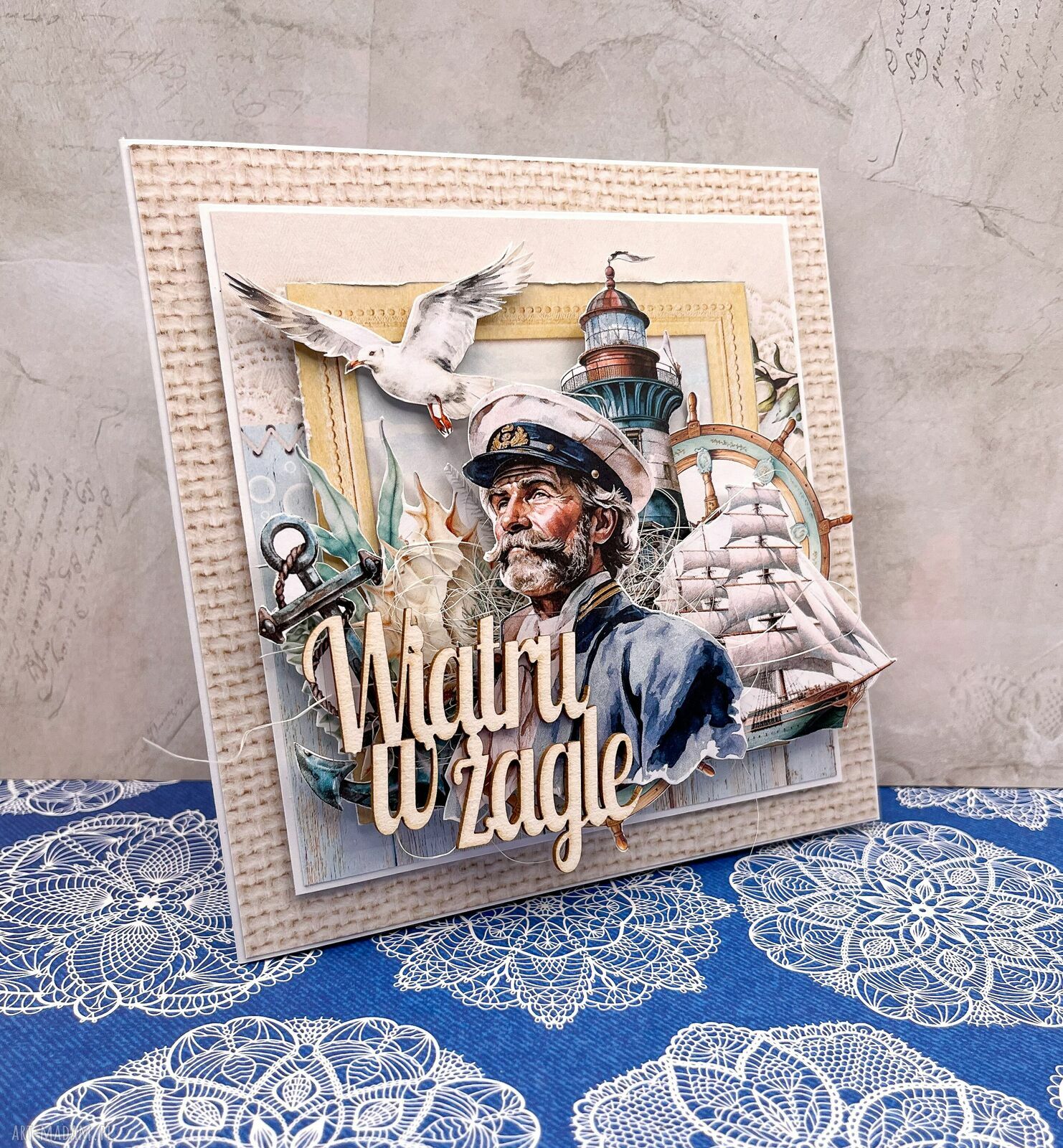 Morska kartka „Wiatru w żagle” - scrapbooking handmade z kopertą