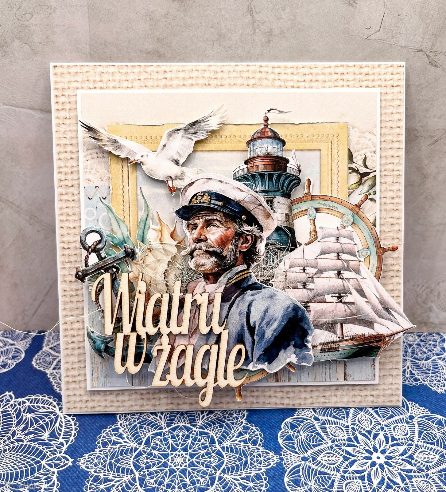 Morska kartka „Wiatru w żagle” - scrapbooking handmade z kopertą