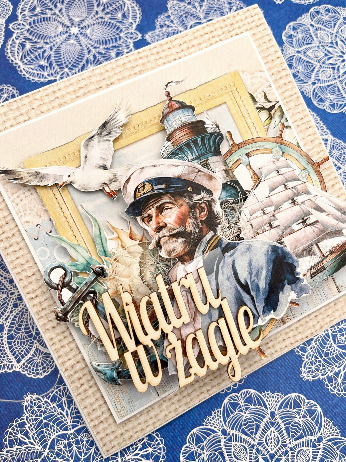 Morska kartka „Wiatru w żagle” - scrapbooking handmade z kopertą