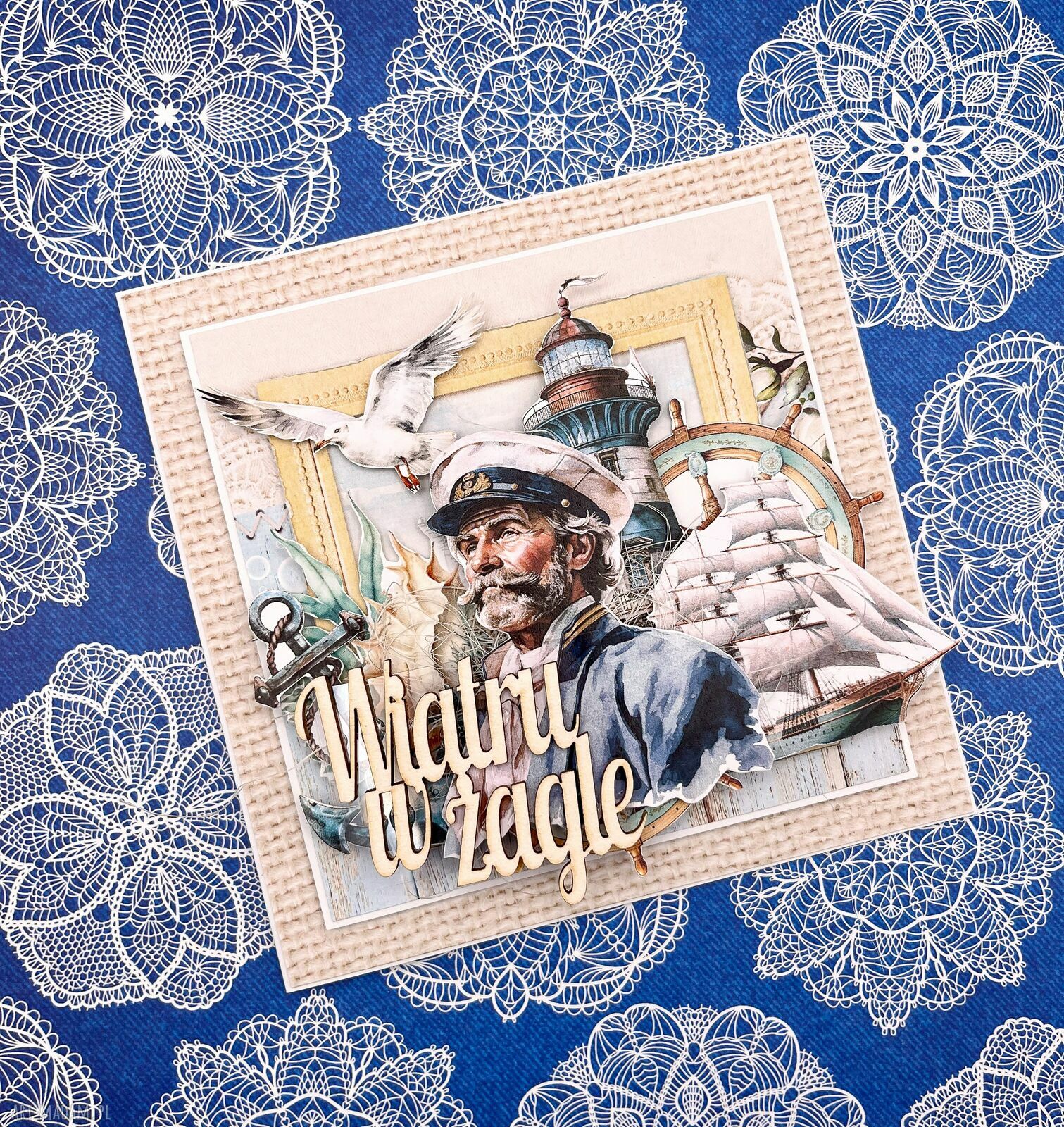 Morska kartka „Wiatru w żagle” - scrapbooking handmade z kopertą