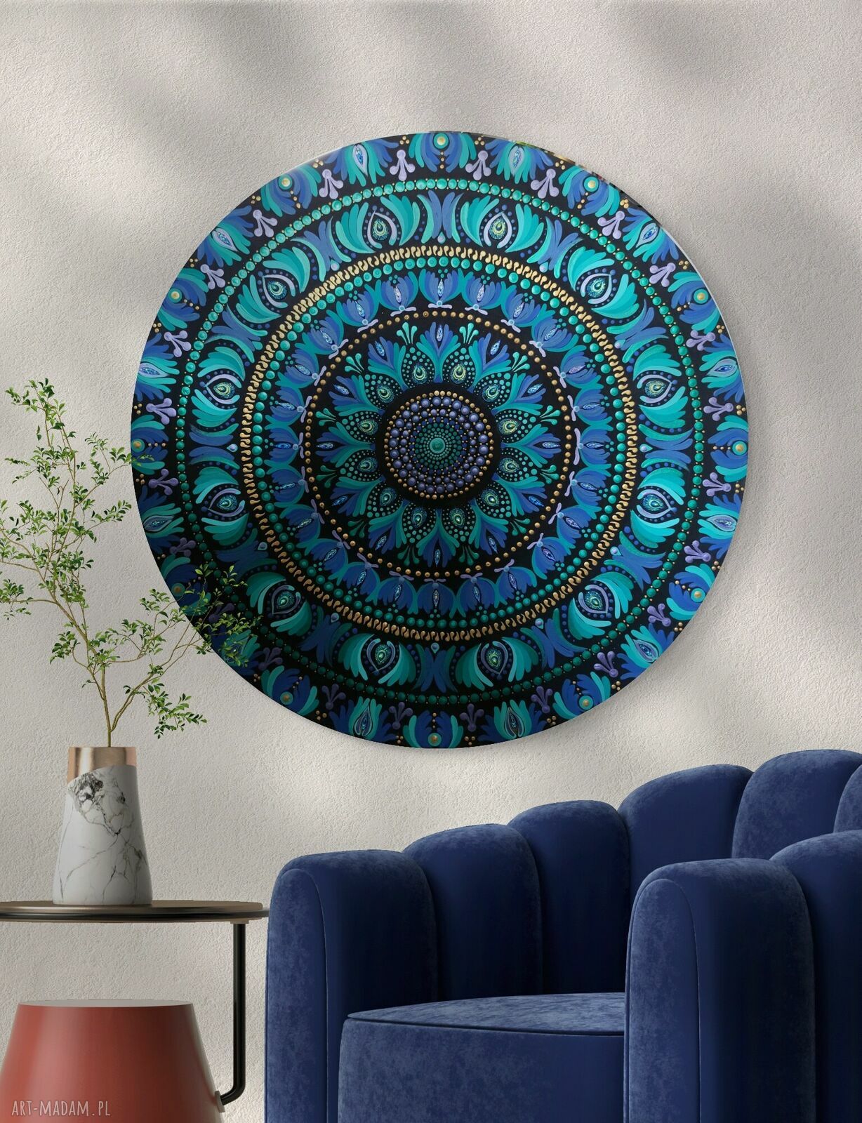 Morska Mandala 70 cm - obraz morze w turkusie, niebieski i złote akcenty