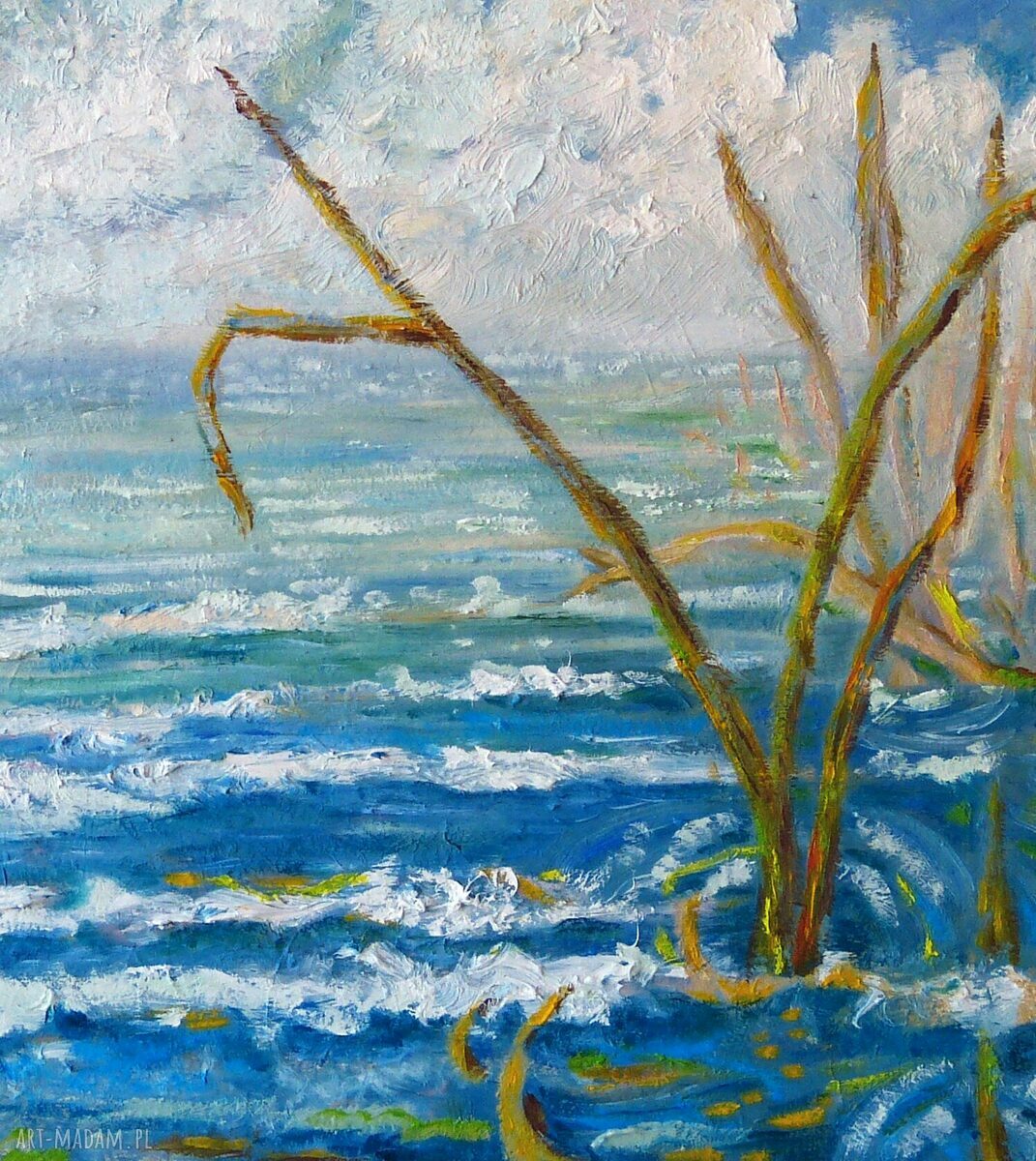 Morska trawa - poranek i morze, obraz olejny pejzaż morski 55 x 40 cm